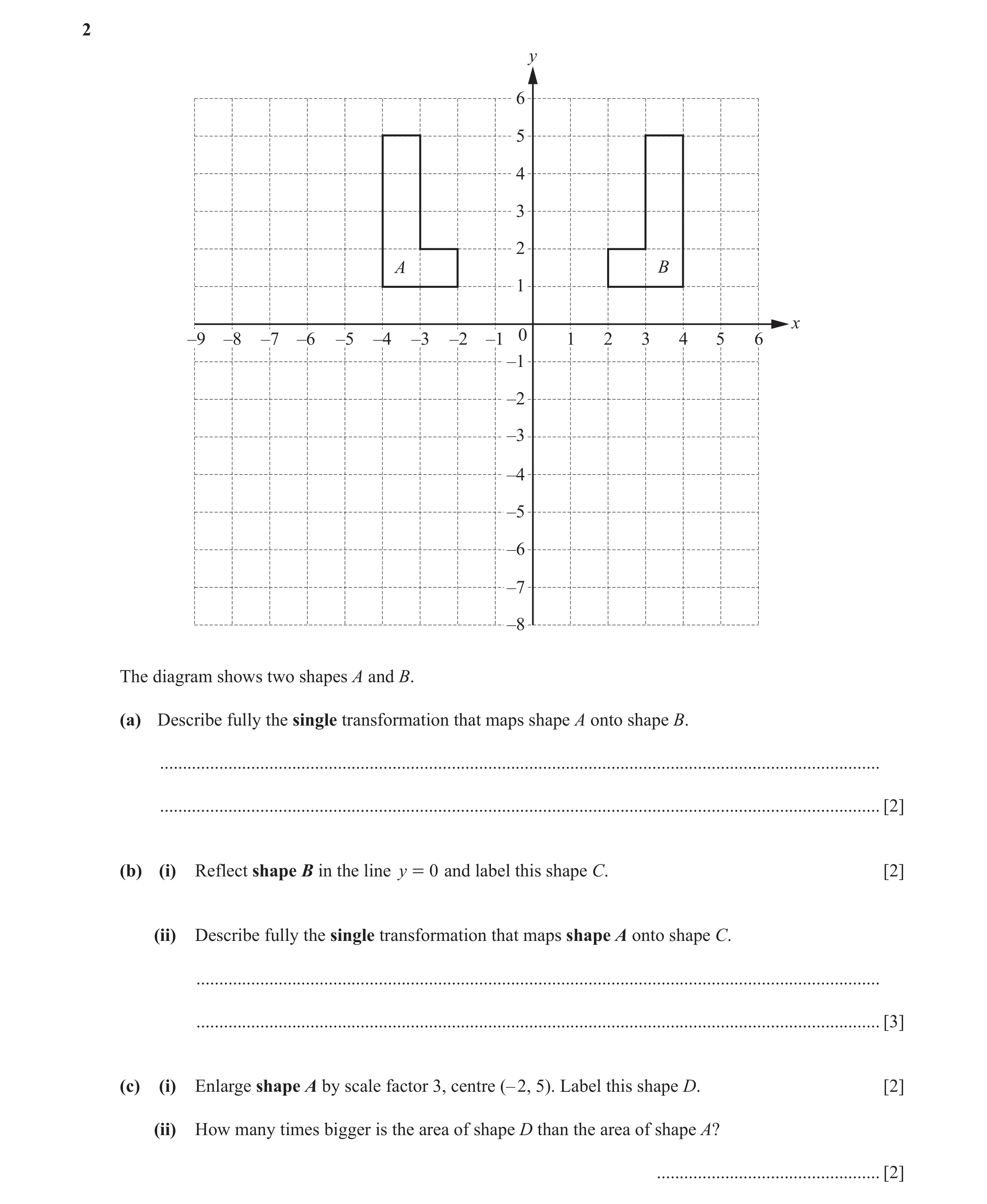 Question 44: y 6 5 4 3 2 A B 1 x –9 –8 –7 –6 –5 –4 –3 –2 –1 0 1 2 3 4 5 6 –1 –2 –3 –4 –5 –6 –7 –8 The diagram shows two shapes A and B. (a) Describe ful…