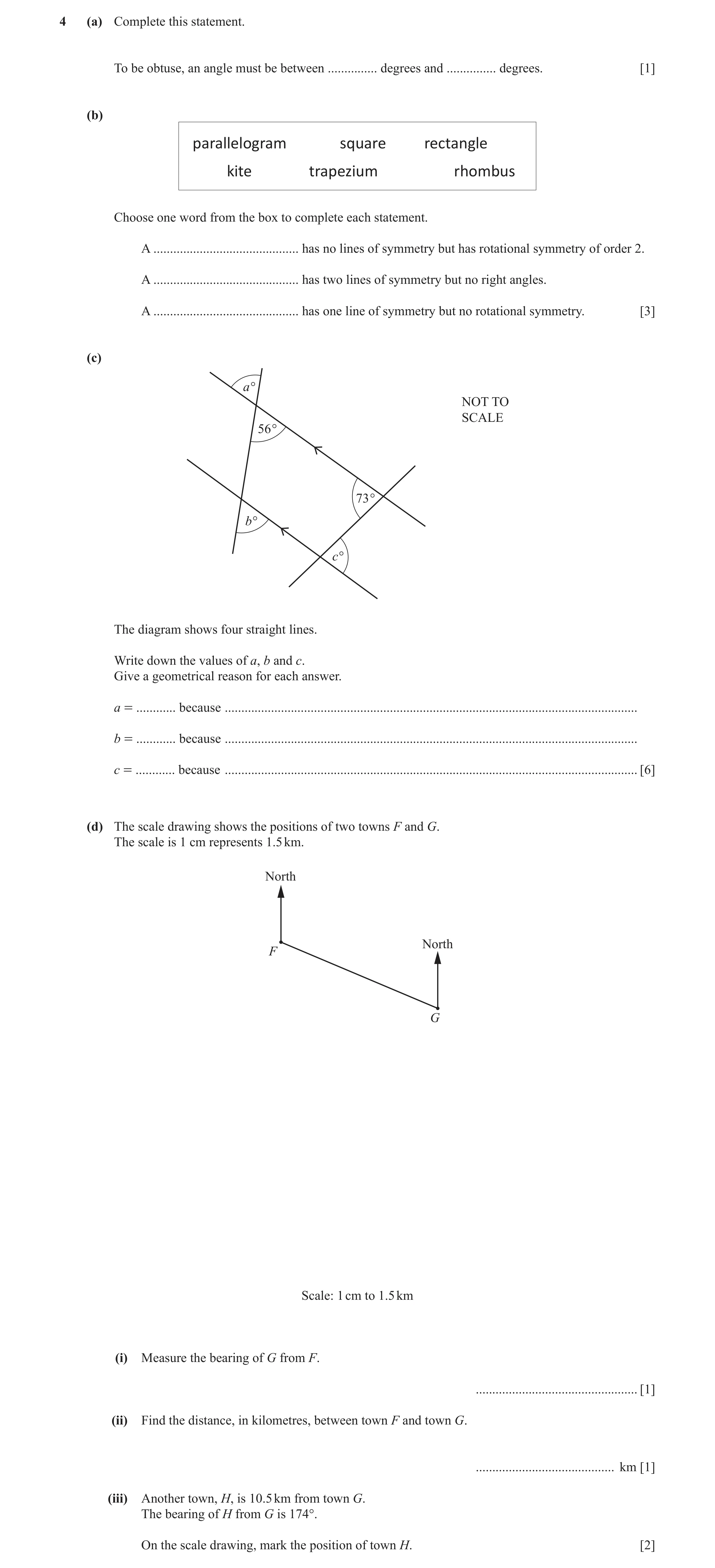 Question 39: (a) Complete this statement. To be obtuse, an angle must be between ............... degrees and ............... degrees. [1] (b) parallelog…