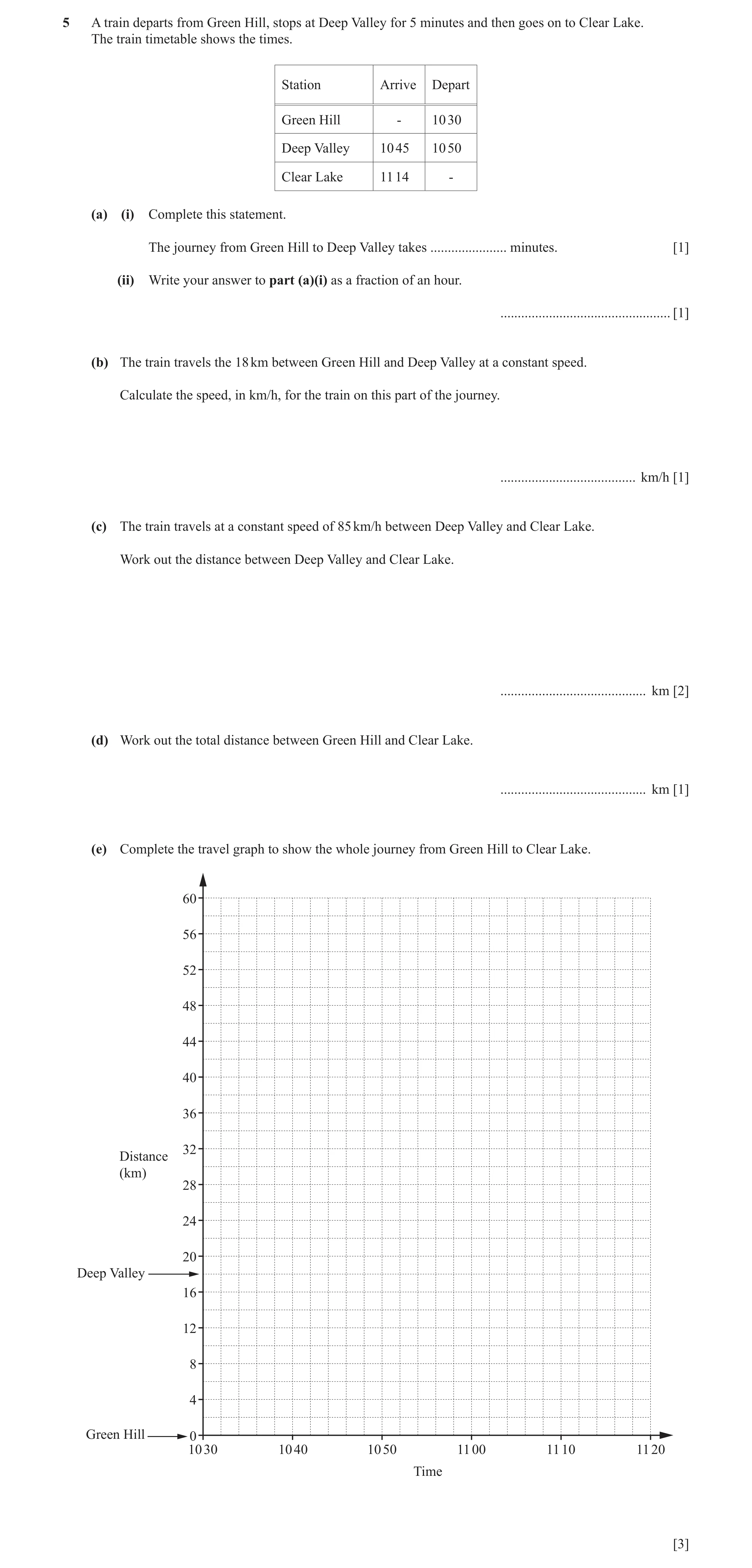 Question 37: A train departs from Green Hill, stops at Deep Valley for 5 minutes and then goes on to Clear Lake. The train timetable shows the times. St…