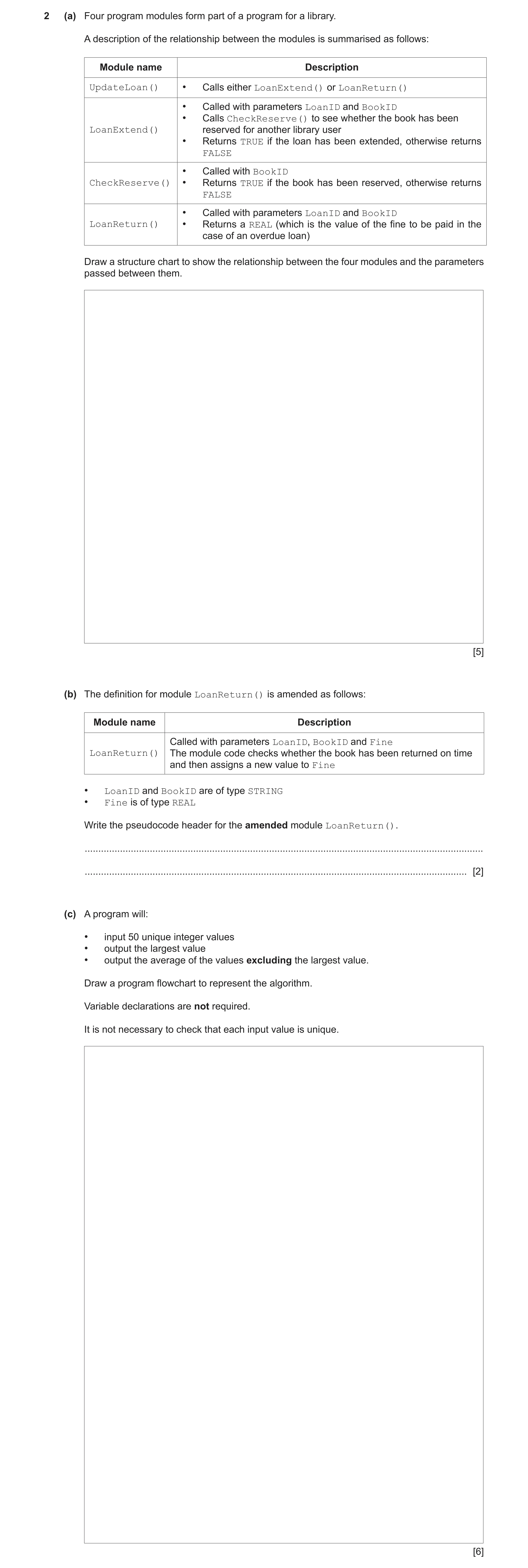 Question 2: (a) Four program modules form part of a program for a library. A description of the relationship between the modules is summarised as follo…