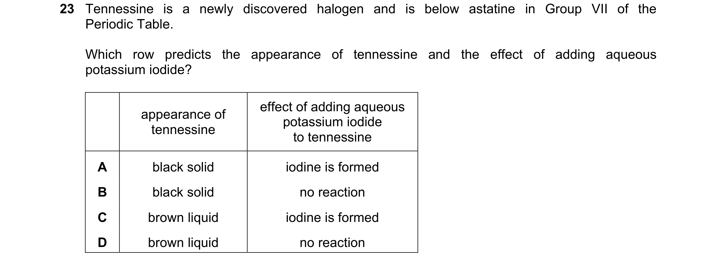 Question 15: Tennessine is a newly discovered halogen and is below astatine in Group VII of the Periodic Table. Which row predicts the appearance of ten…