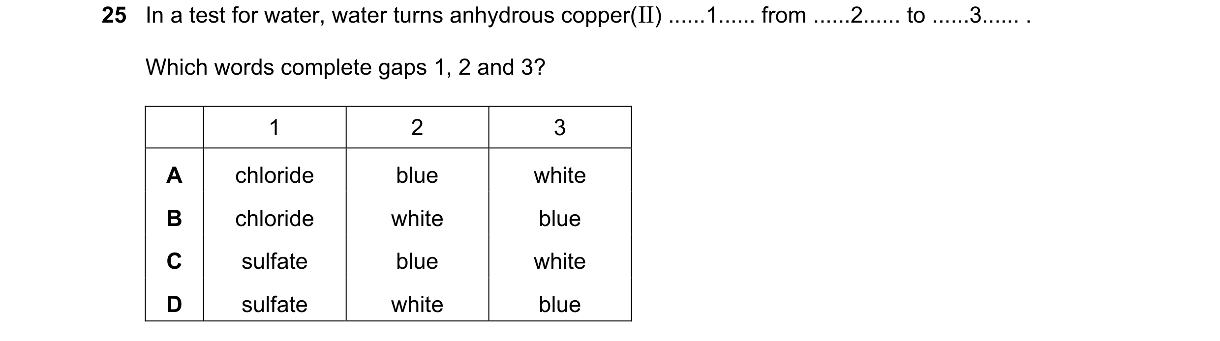 Question 9: In a test for water, water turns anhydrous copper(II) ......1...... from ......2...... to ......3...... . Which words complete gaps 1, 2 an…