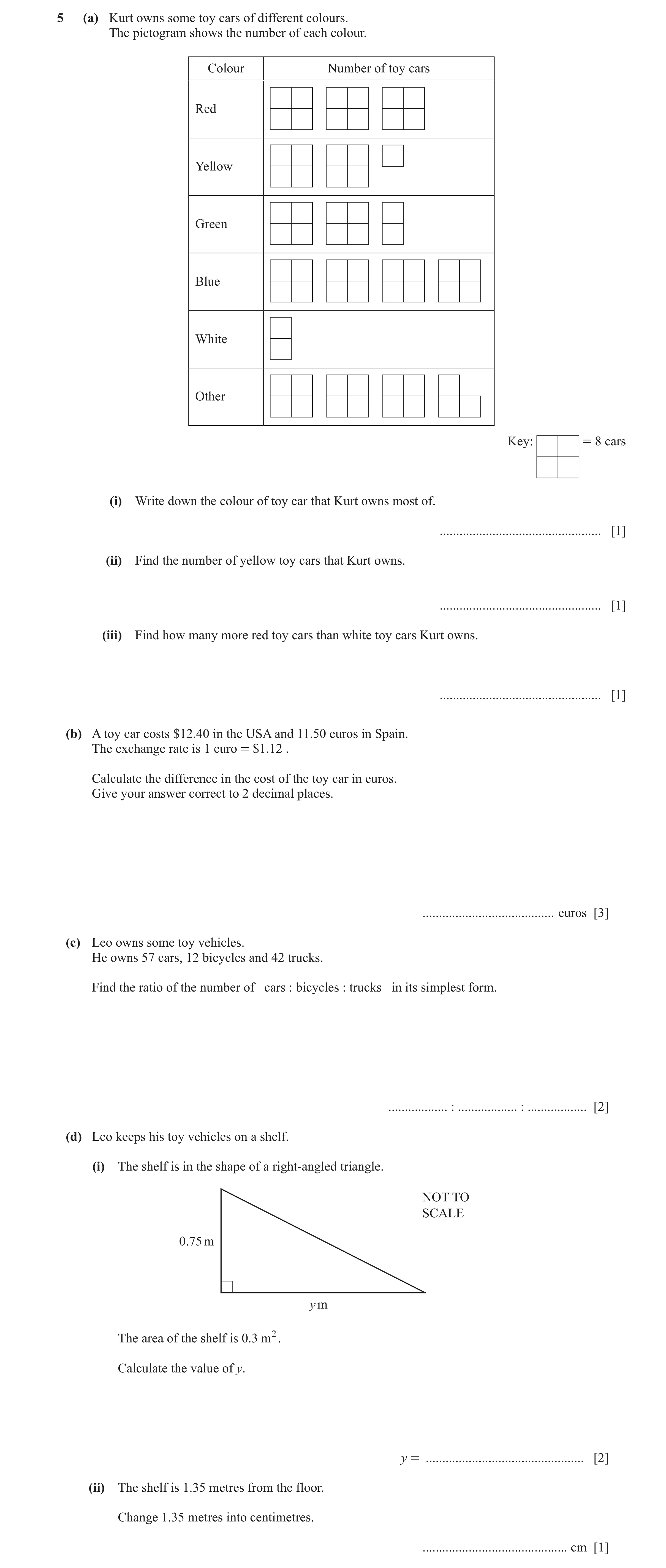Question 61: (a) Kurt owns some toy cars of different colours. The pictogram shows the number of each colour. Colour Number of toy cars Red Yellow Green…