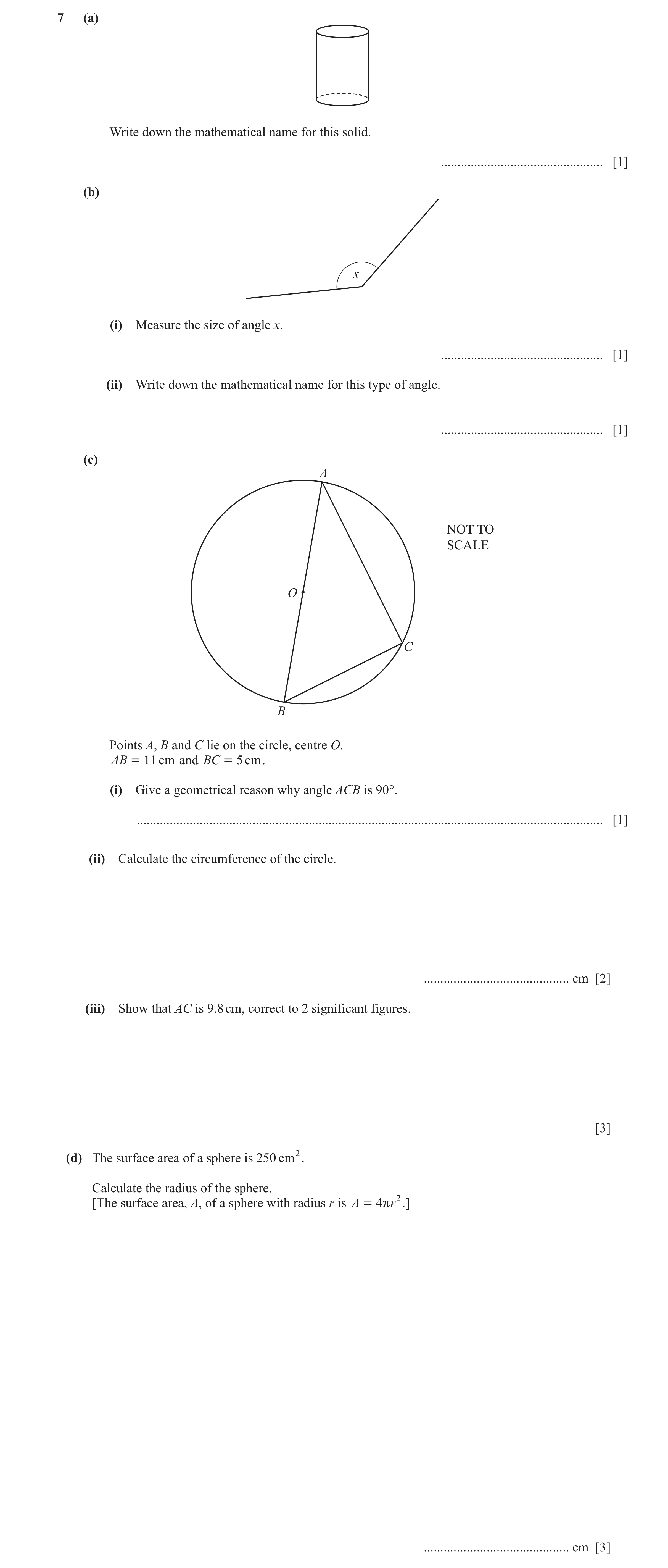 Question 100: (a) Write down the mathematical name for this solid. ................................................. [1] (b) x (i) Measure the size of an…