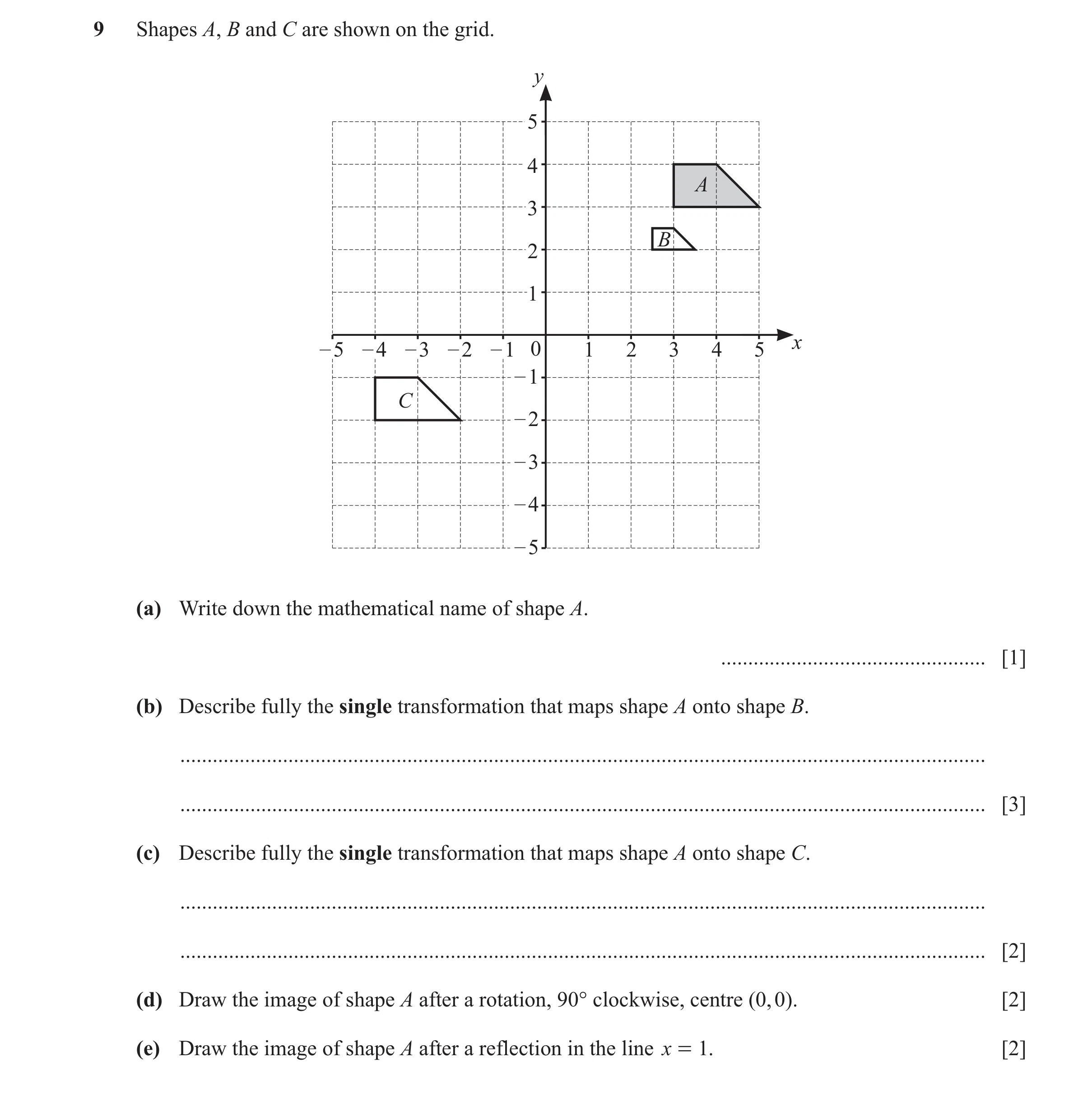 Question 86: Shapes A, B and C are shown on the grid. y 5 4 A 3 B 2 1 x – 5 – 4 – 3 – 2 – 1 0 1 2 3 4 5 – 1 C – 2 – 3 – 4 – 5 (a) Write down the mathema…