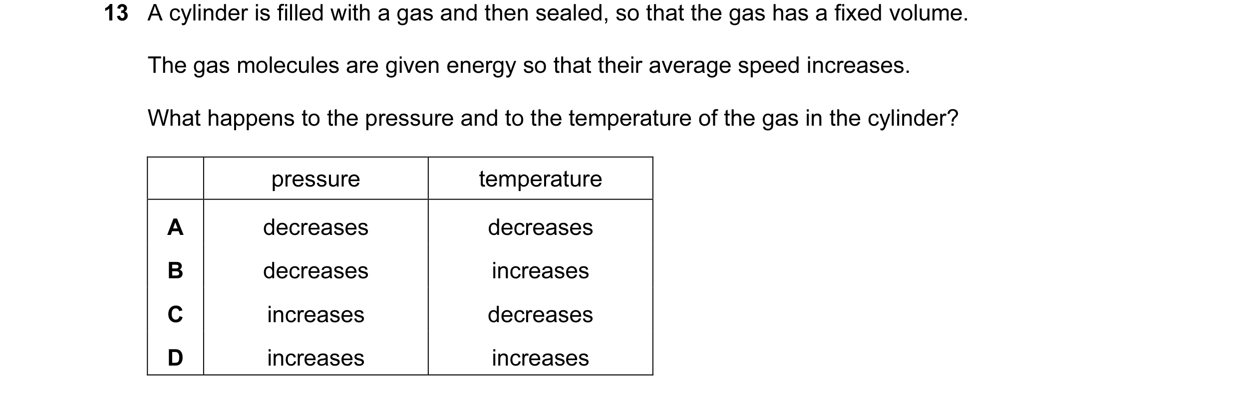 Question 10: A cylinder is filled with a gas and then sealed, so that the gas has a fixed volume. The gas molecules are given energy so that their avera…