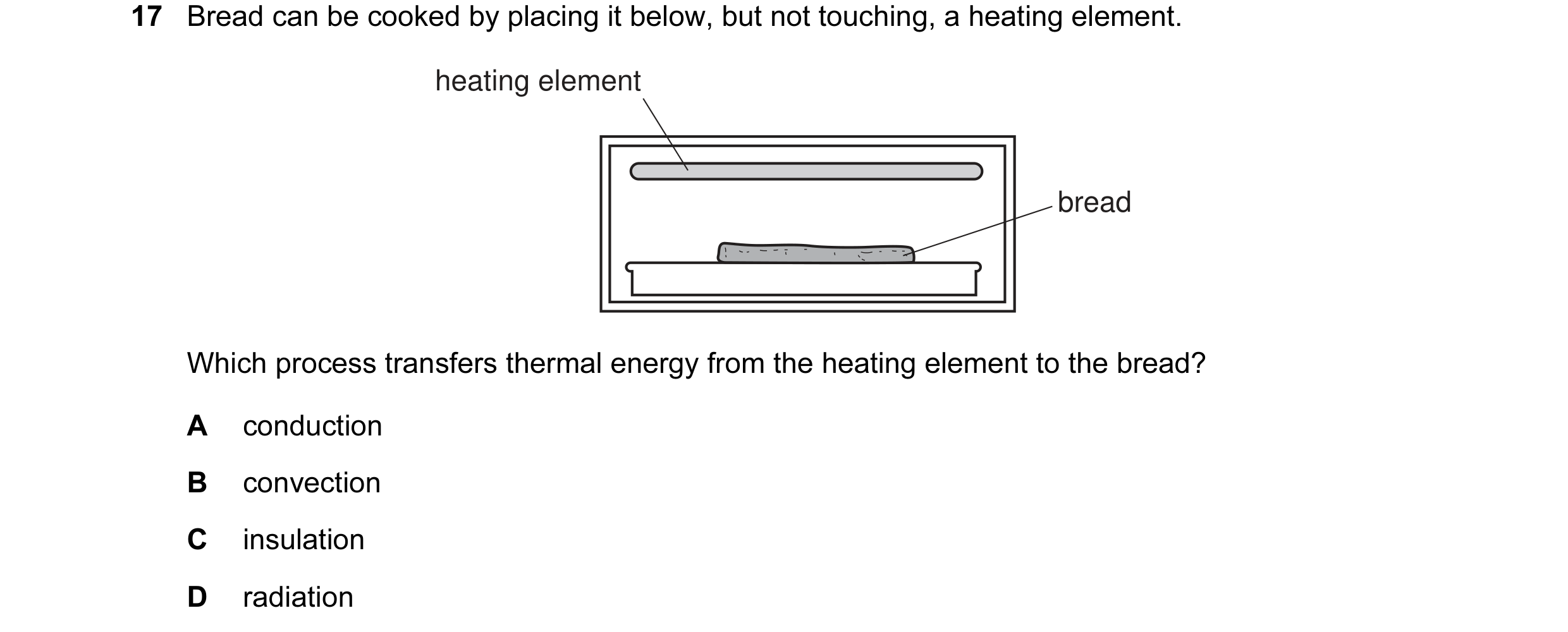 Question 6: Bread can be cooked by placing it below, but not touching, a heating element. heating element bread Which process transfers thermal energy …