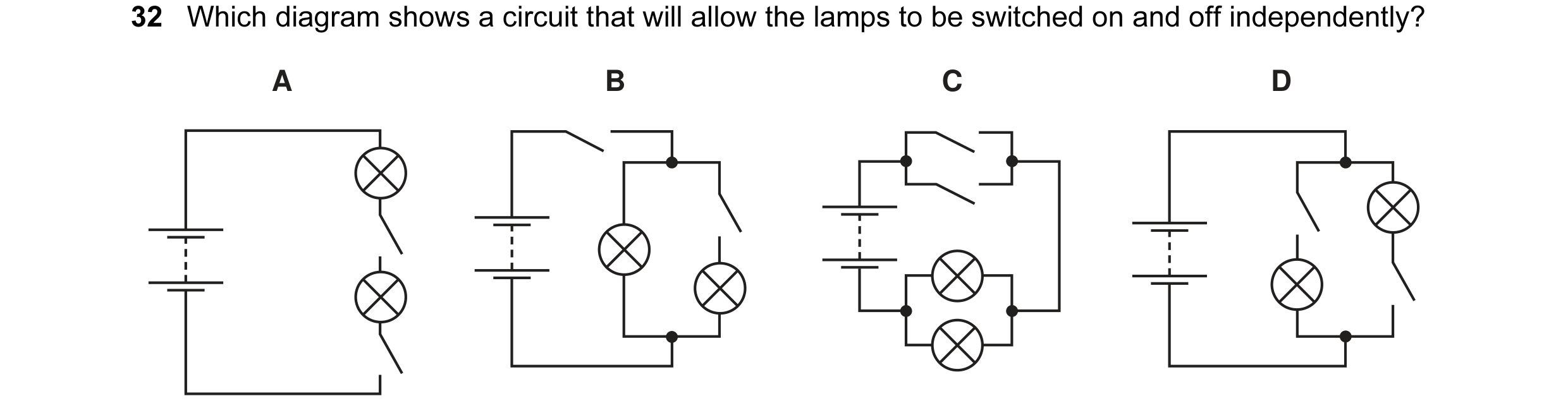 Question 16: Which diagram shows a circuit that will allow the lamps to be switched on and off independently? A B C D