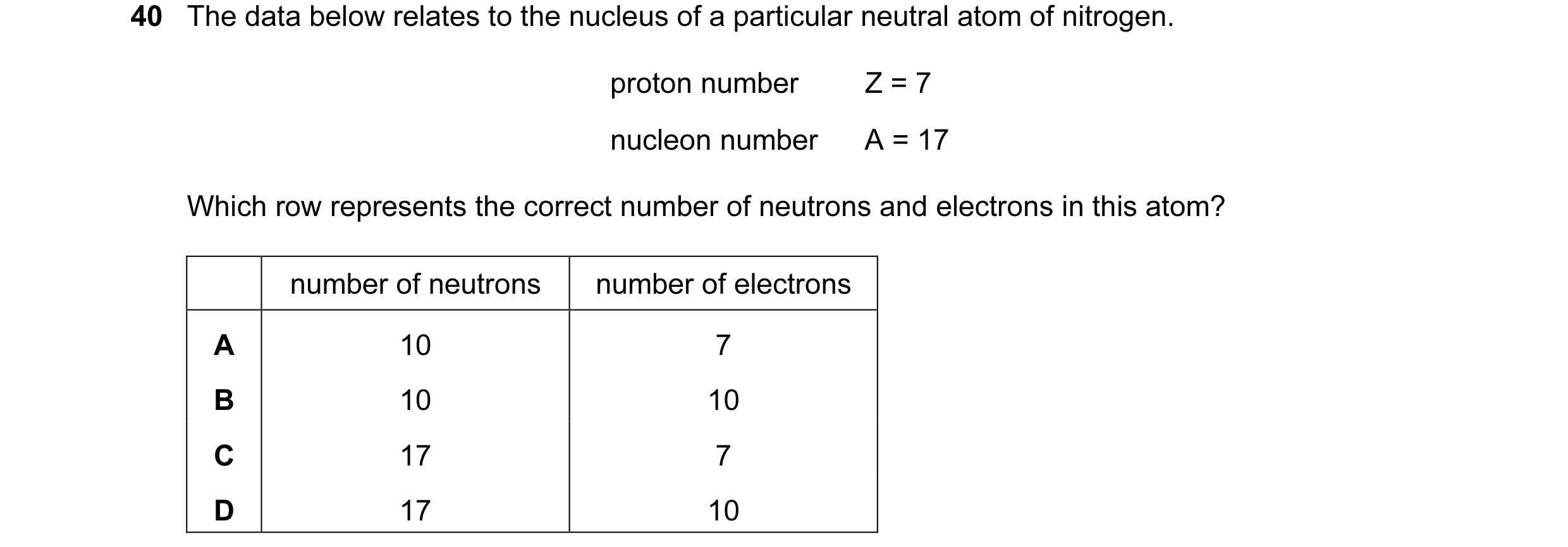 Question 7: The data below relates to the nucleus of a particular neutral atom of nitrogen. proton number Z = 7 nucleon number A = 17 Which row represe…