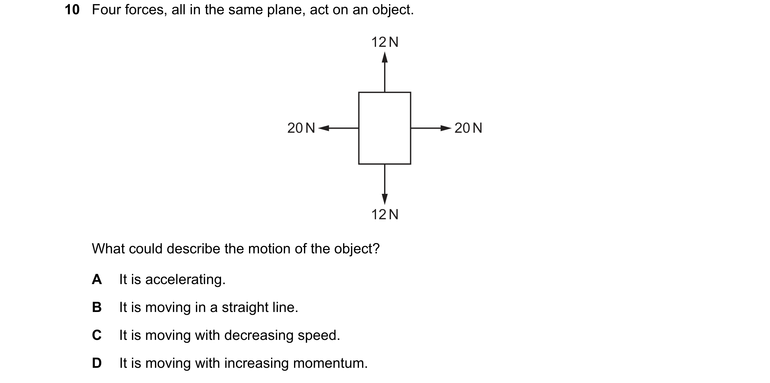 Question 157: Four forces, all in the same plane, act on an object. 12 N 20 N 20 N 12 N What could describe the motion of the object? A It is acceleratin…