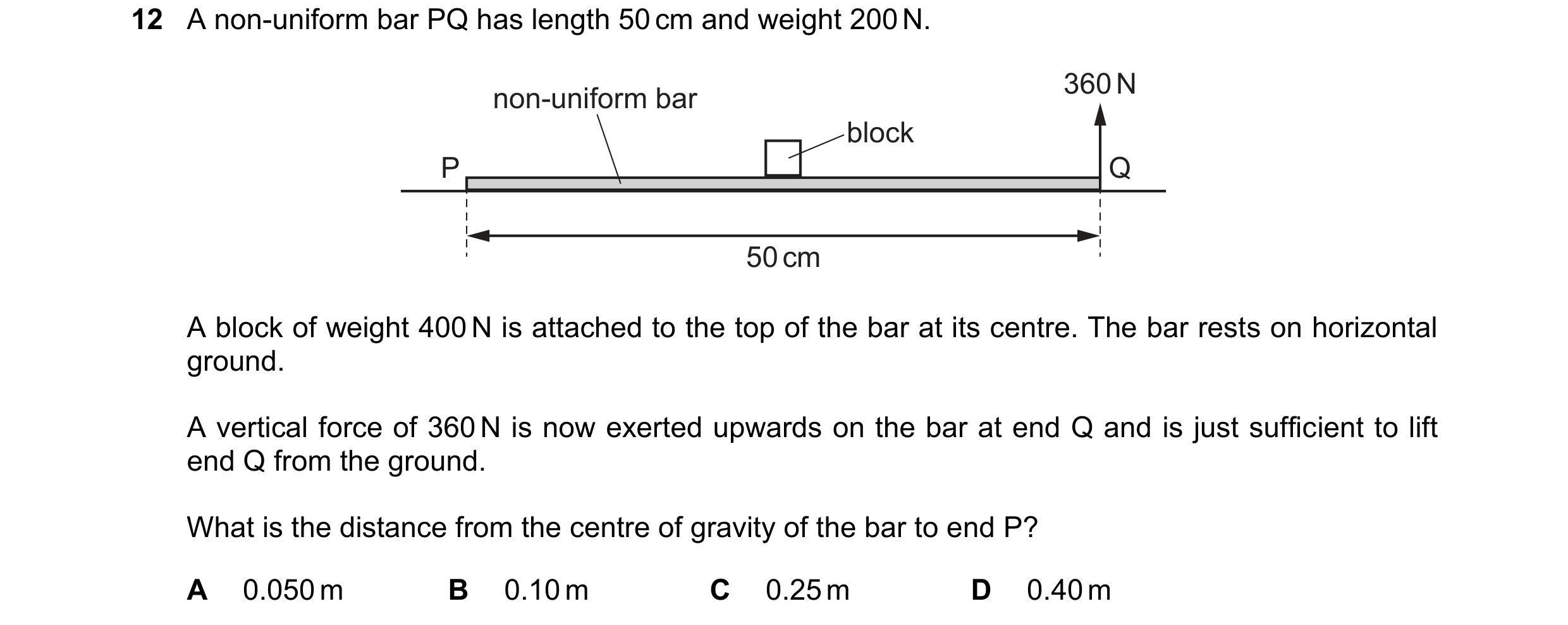 Question 146: A non-uniform bar PQ has length 50 cm and weight 200 N. 360 N non-uniform bar block P Q 50 cm A block of weight 400 N is attached to the to…