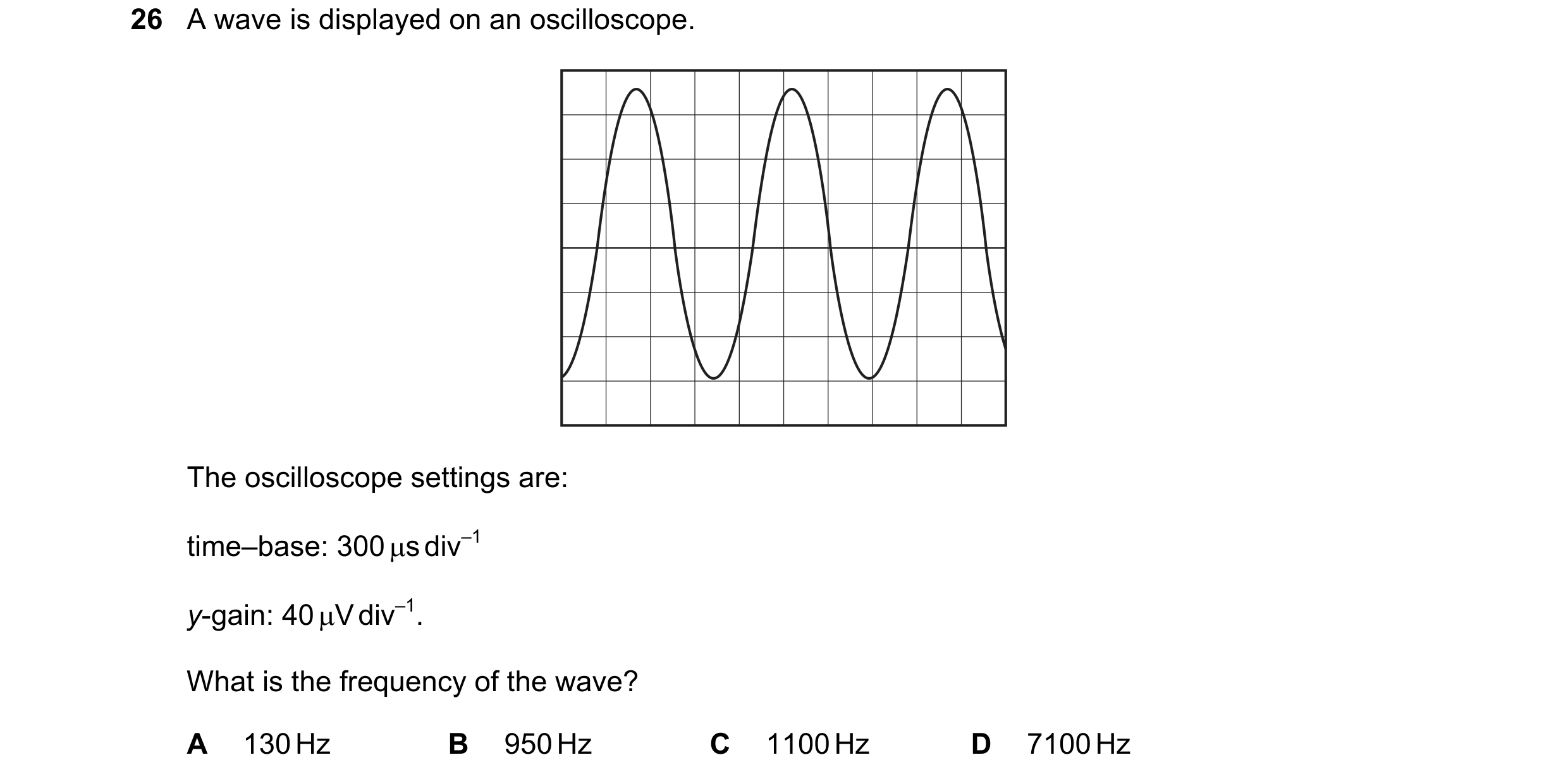 Question 175: A wave is displayed on an oscilloscope. The oscilloscope settings are: time–base: 300 s div–1 y-gain: 40 V div–1. What is the frequency o…