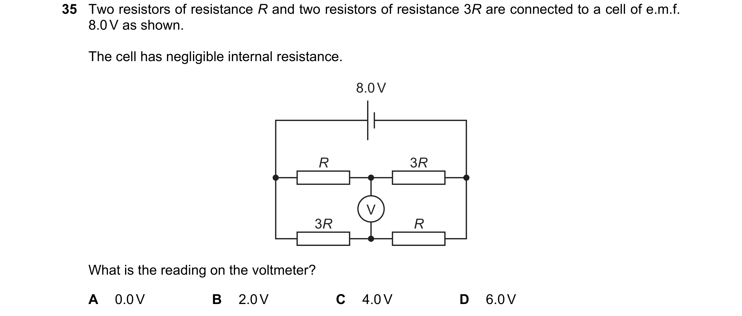 Question 120: Two resistors of resistance R and two resistors of resistance 3R are connected to a cell of e.m.f. 8.0 V as shown. The cell has negligible …