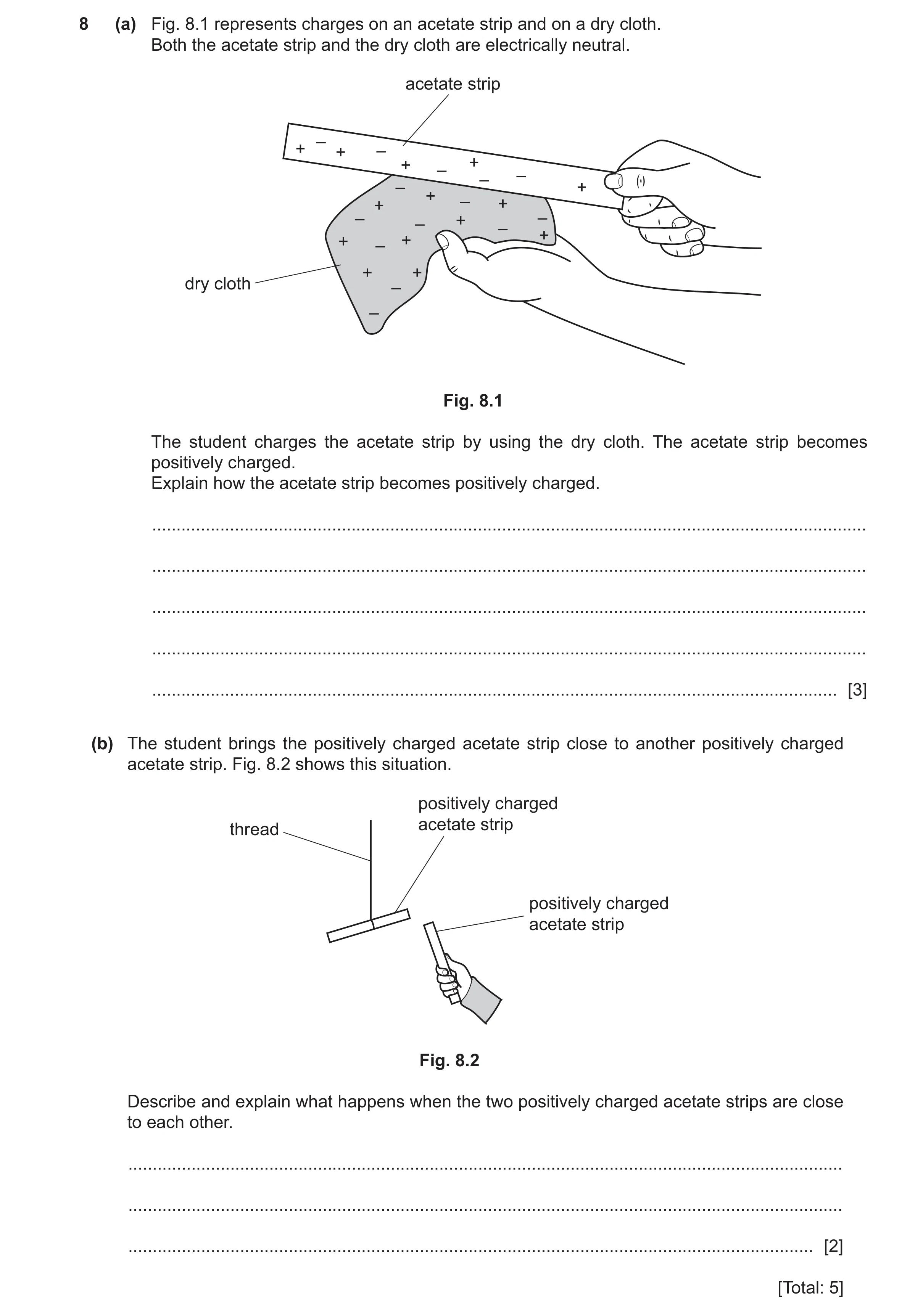 Question 38: (a) Fig. 8.1 represents charges on an acetate strip and on a dry cloth. Both the acetate strip and the dry cloth are electrically neutral. …