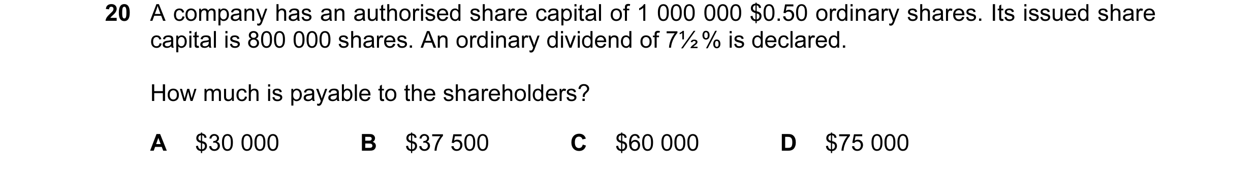 Question 261: A company has an authorised share capital of 1 000 000 $0.50 ordinary shares. Its issued share capital is 800 000 shares. An ordinary divid…