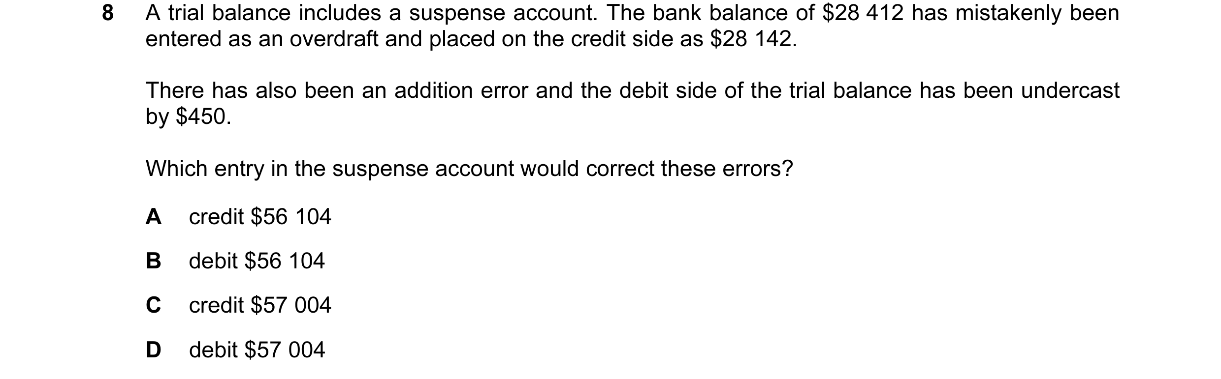 Question 76: A trial balance includes a suspense account. The bank balance of $28 412 has mistakenly been entered as an overdraft and placed on the cred…