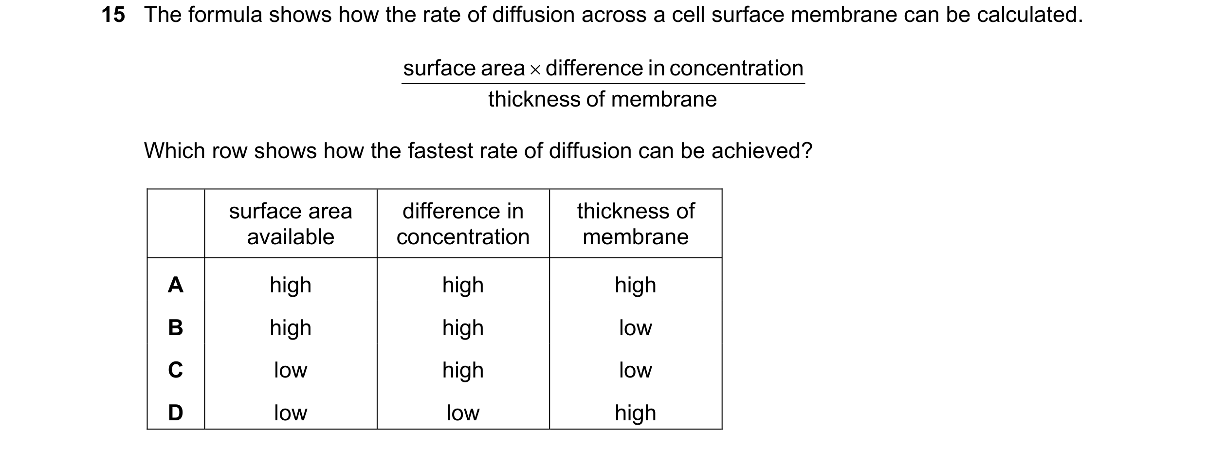 Question 134: The formula shows how the rate of diffusion across a cell surface membrane can be calculated. surface area × difference in concentrat ion t…