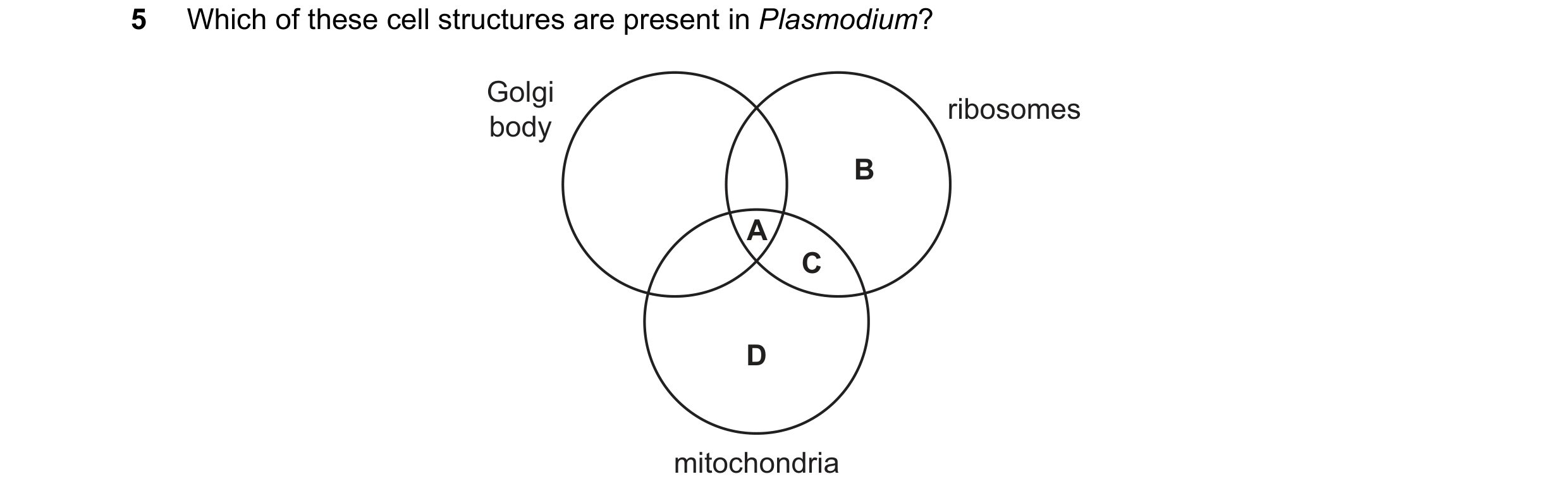 Question 191: Which of these cell structures are present in Plasmodium? Golgi ribosomes body B A C D mitochondria