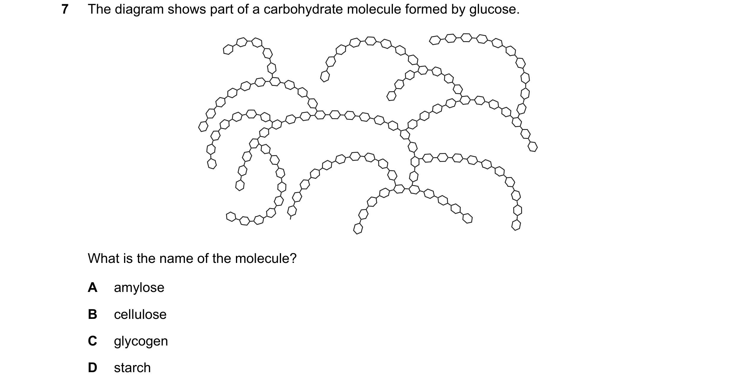 Question 179: The diagram shows part of a carbohydrate molecule formed by glucose. What is the name of the molecule? A amylose B cellulose C glycogen D s…