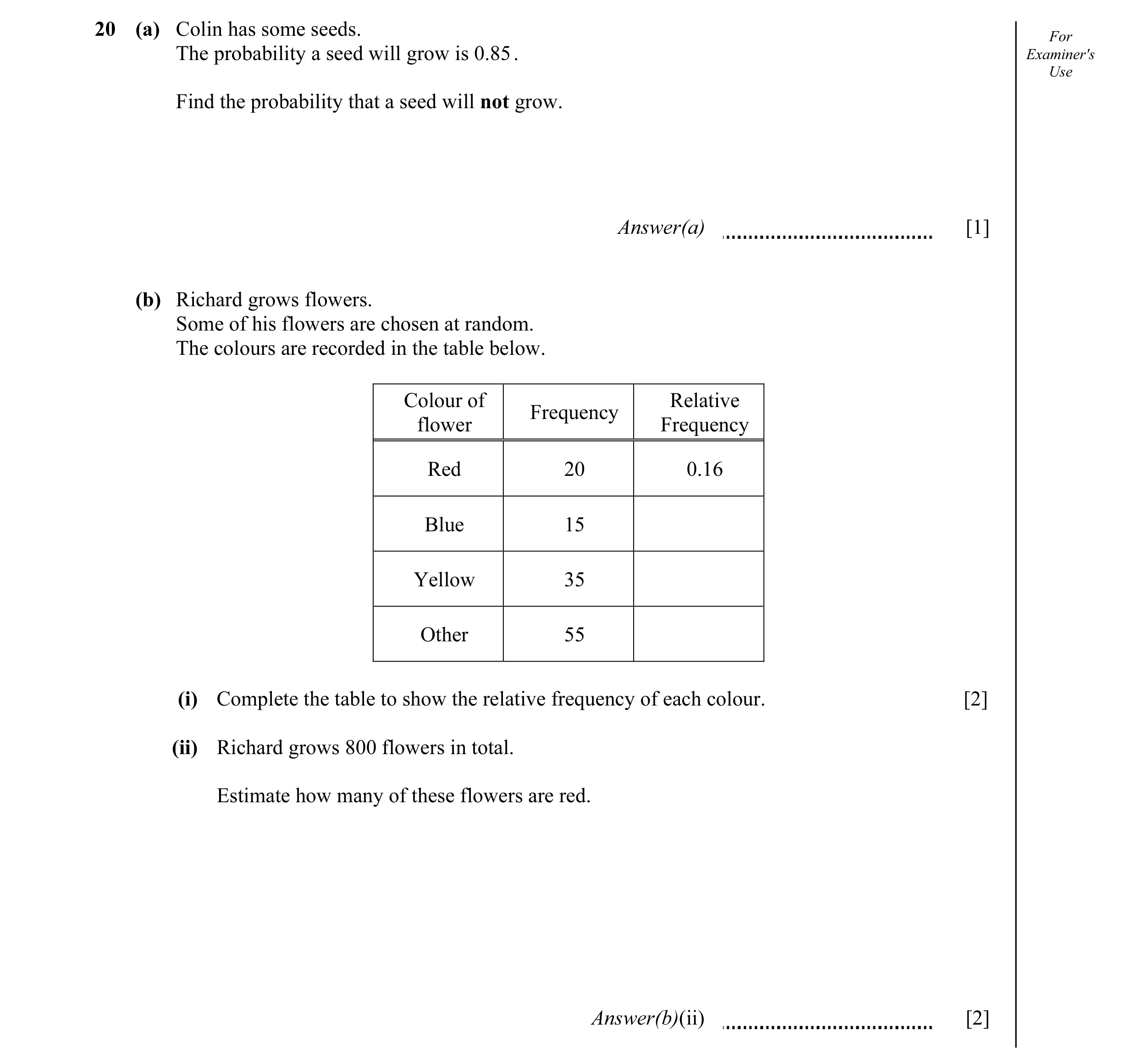 Question 4: (a) Colin has some seeds. For The probability a seed will grow is 0.85 . Examiner's Use Find the probability that a seed will not grow. Ans…