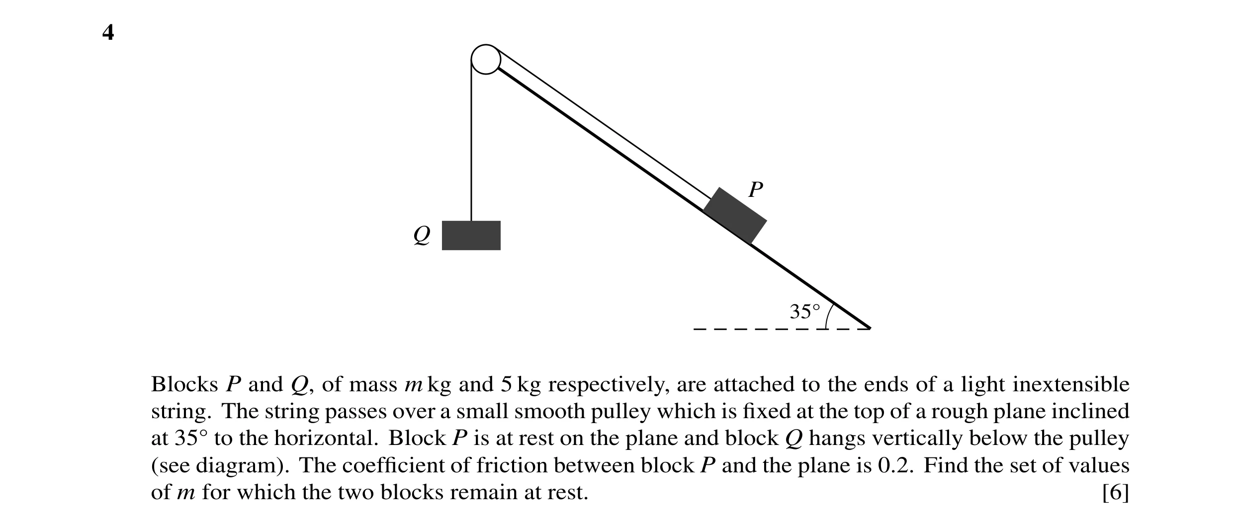 Question 77: P Q 35Å Blocks P and Q, of mass m kg and 5 kg respectively, are attached to the ends of a light inextensible string. The string passes over…