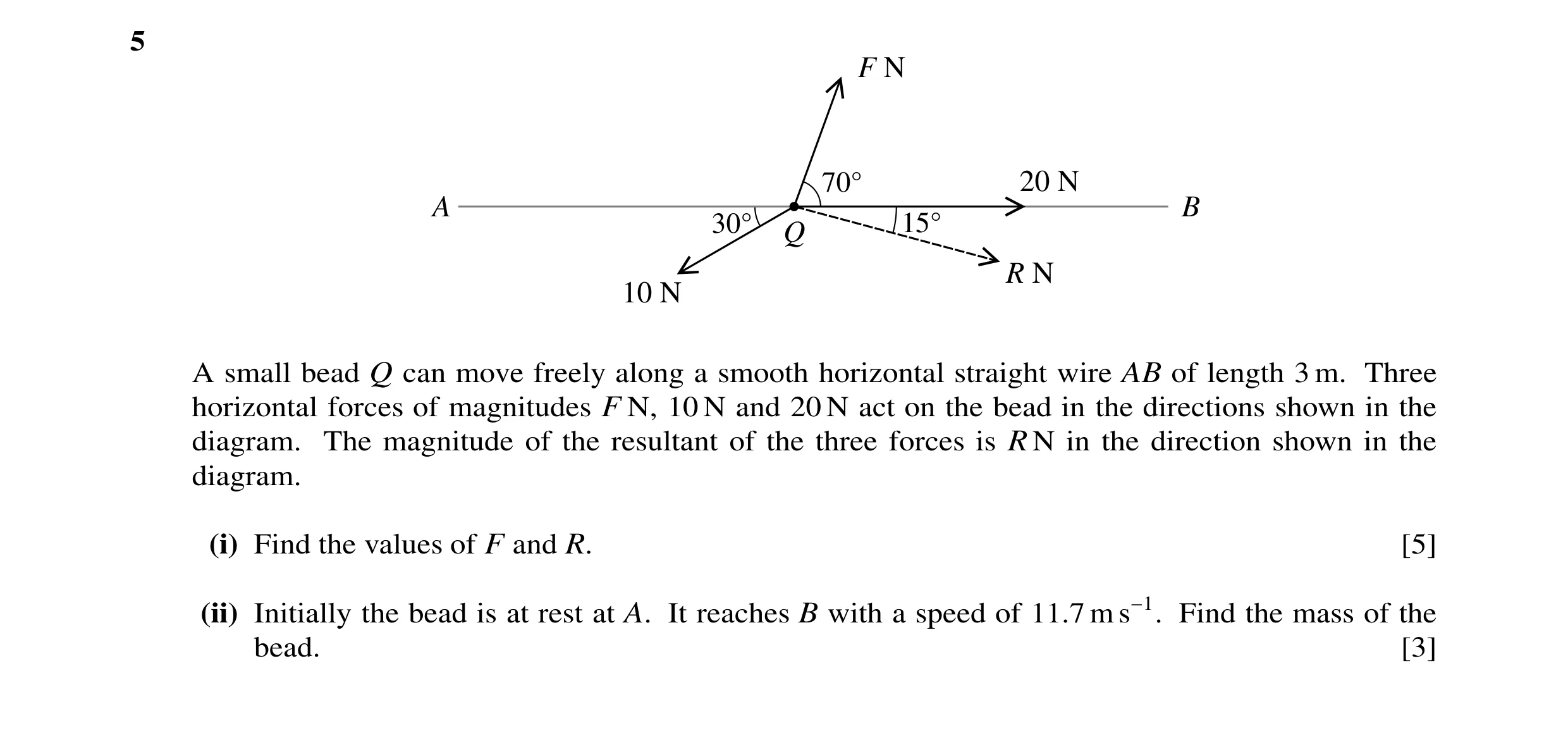 Question 78: F N 70° 20 N A B 30° 15° Q R N 10 N A small bead Q can move freely along a smooth horizontal straight wire AB of length 3 m. Three horizont…