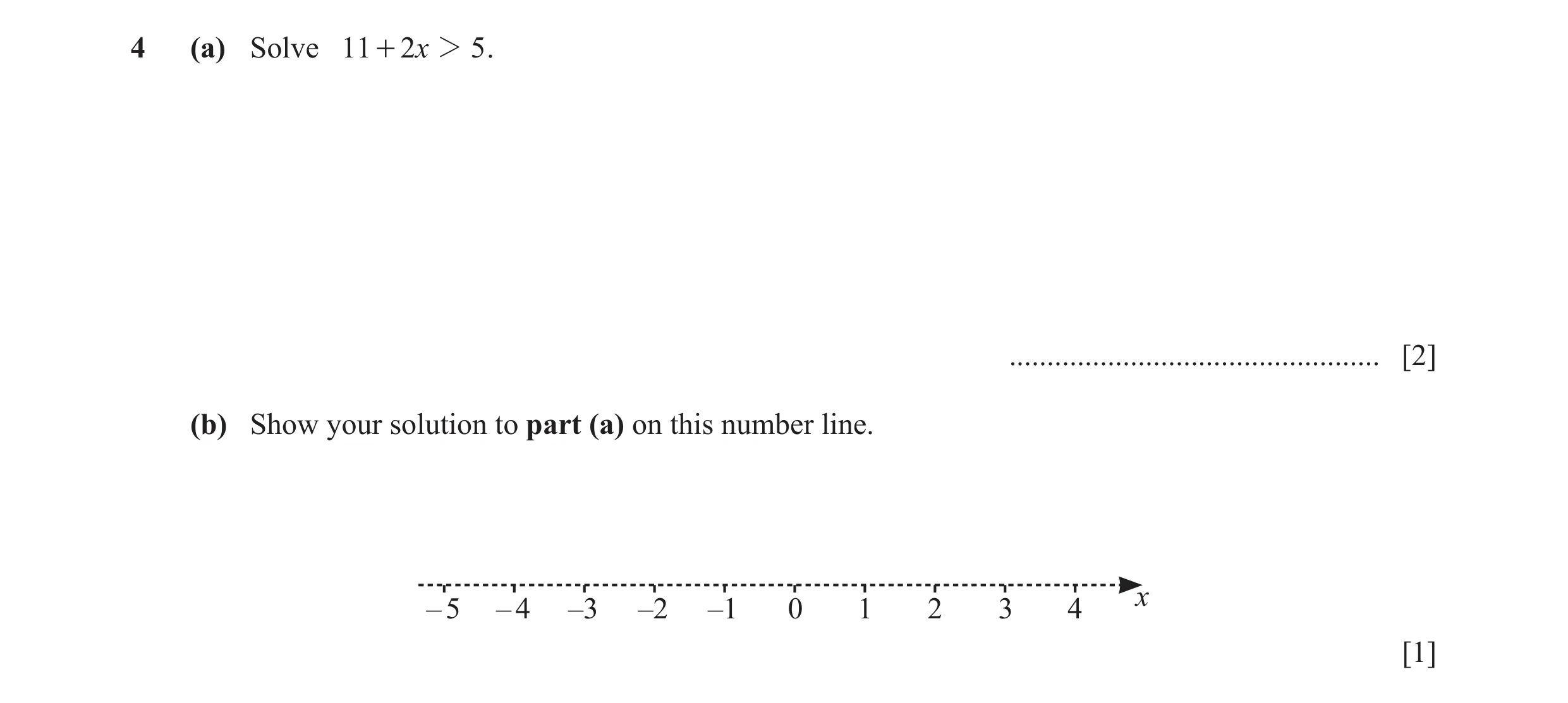 Question 23: (a) Solve 11 + 2x 2 5 . ................................................. [2] (b) Show your solution to part (a) on this number line. x – 5…