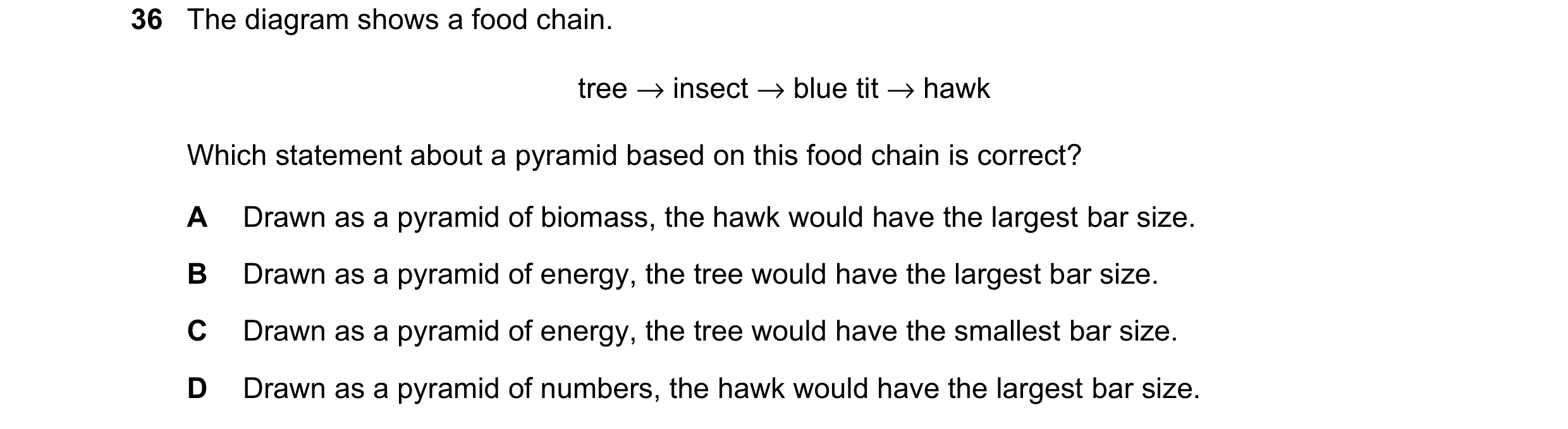 Question 11: The diagram shows a food chain. tree → insect → blue tit → hawk Which statement about a pyramid based on this food chain is correct? A Draw…