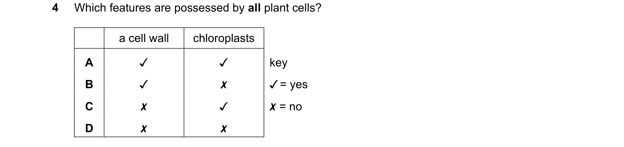 Question 24: Which features are possessed by all plant cells?

a cell wall chloroplasts
A Jv J key
B /=yes
Cc X=no
D

«xX
x \ x