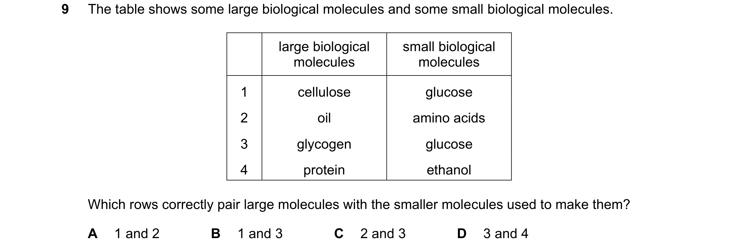 Question 27: The table shows some large biological molecules and some small biological molecules. large biological small biological molecules molecules …