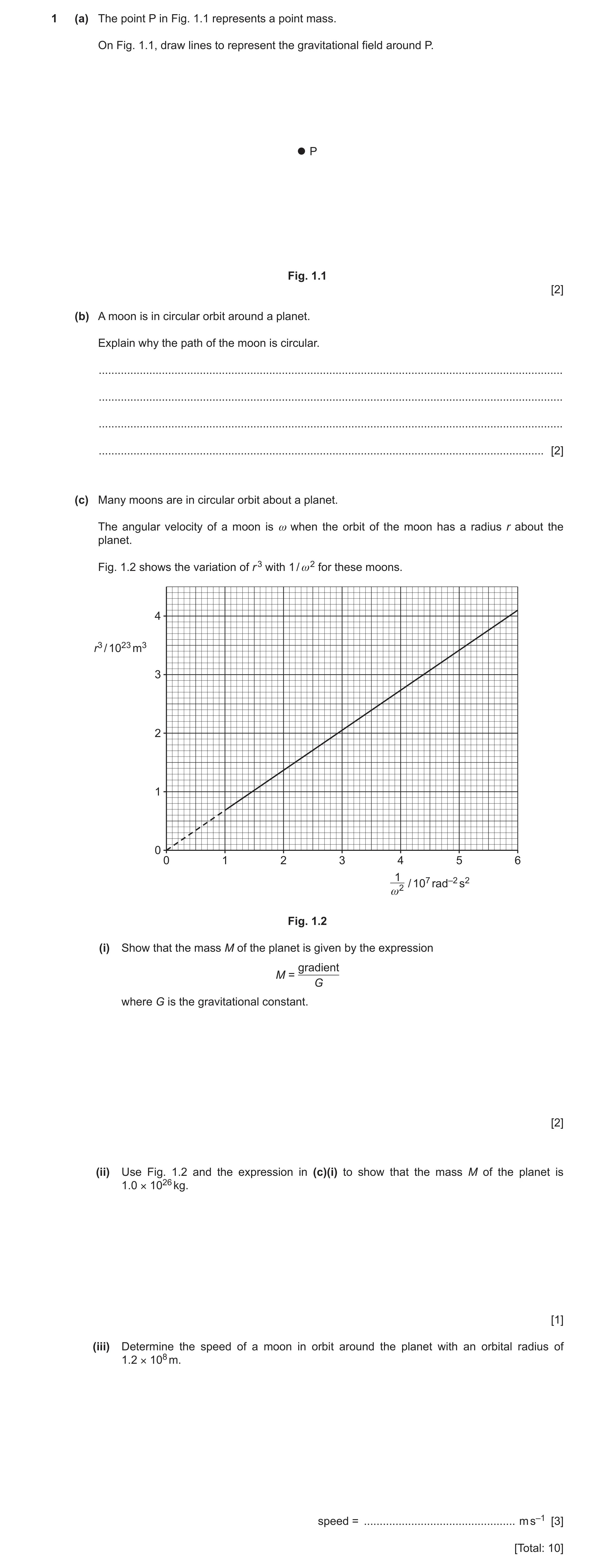 Question 15: (a) The point P in Fig. 1.1 represents a point mass. On Fig. 1.1, draw lines to represent the gravitational field around P. P Fig. 1.1 [2] …