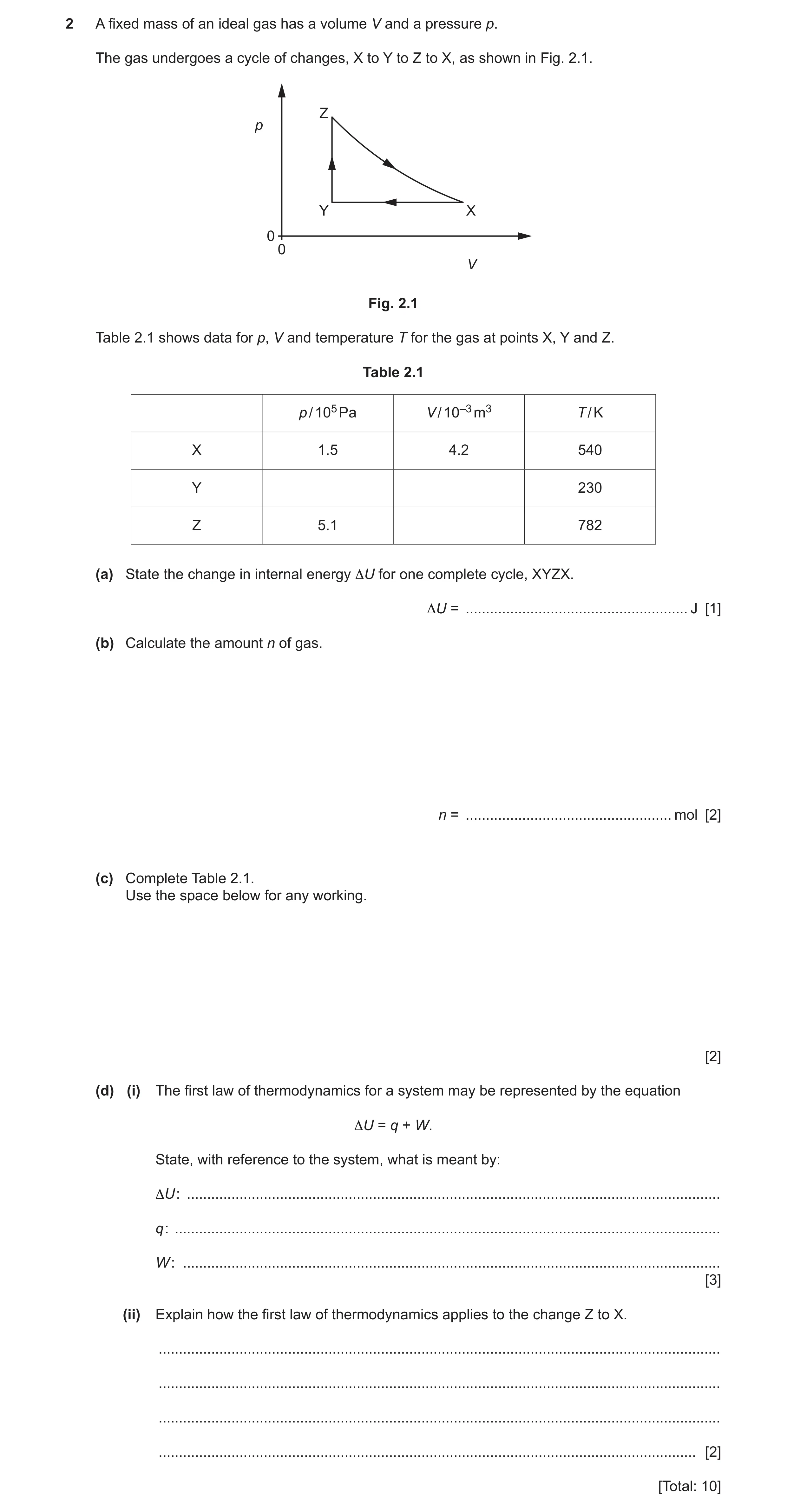 Question 13: A fixed mass of an ideal gas has a volume V and a pressure p. The gas undergoes a cycle of changes, X to Y to Z to X, as shown in Fig. 2.1.…
