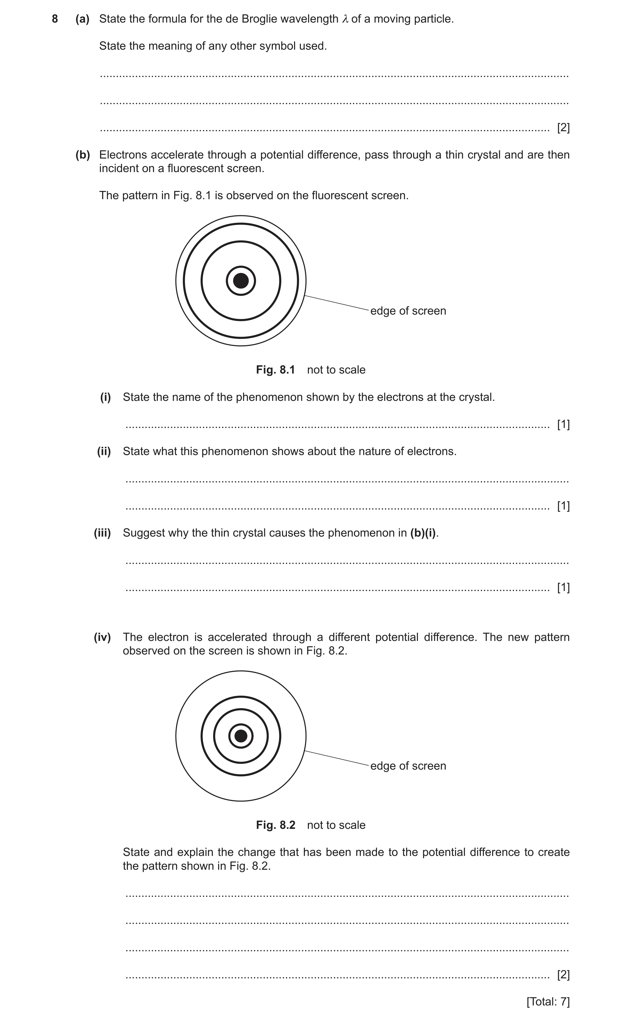 Question 8: (a) State the formula for the de Broglie wavelength λ of a moving particle. State the meaning of any other symbol used. ...................…