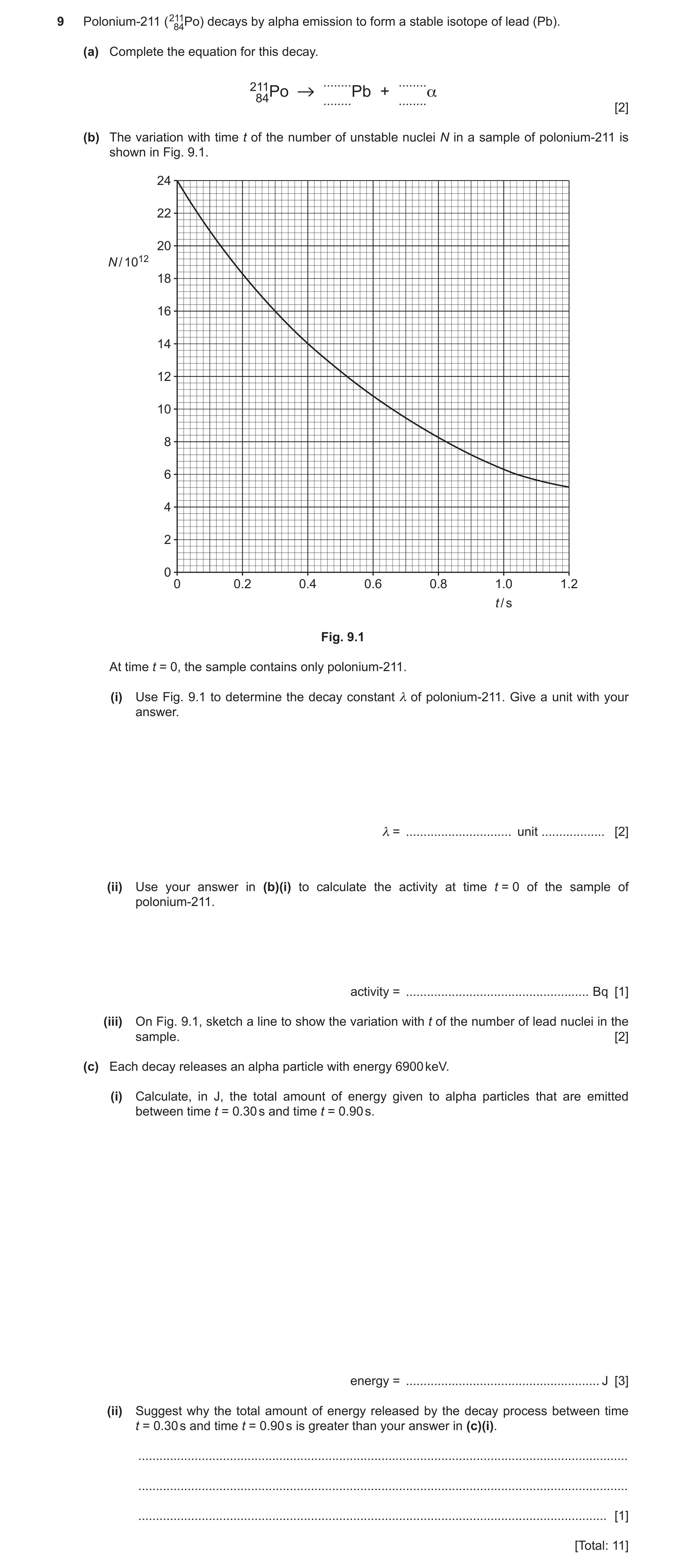 Question 27: Polonium-211 (21184Po) decays by alpha emission to form a stable isotope of lead (Pb). (a) Complete the equation for this decay. ........ .…