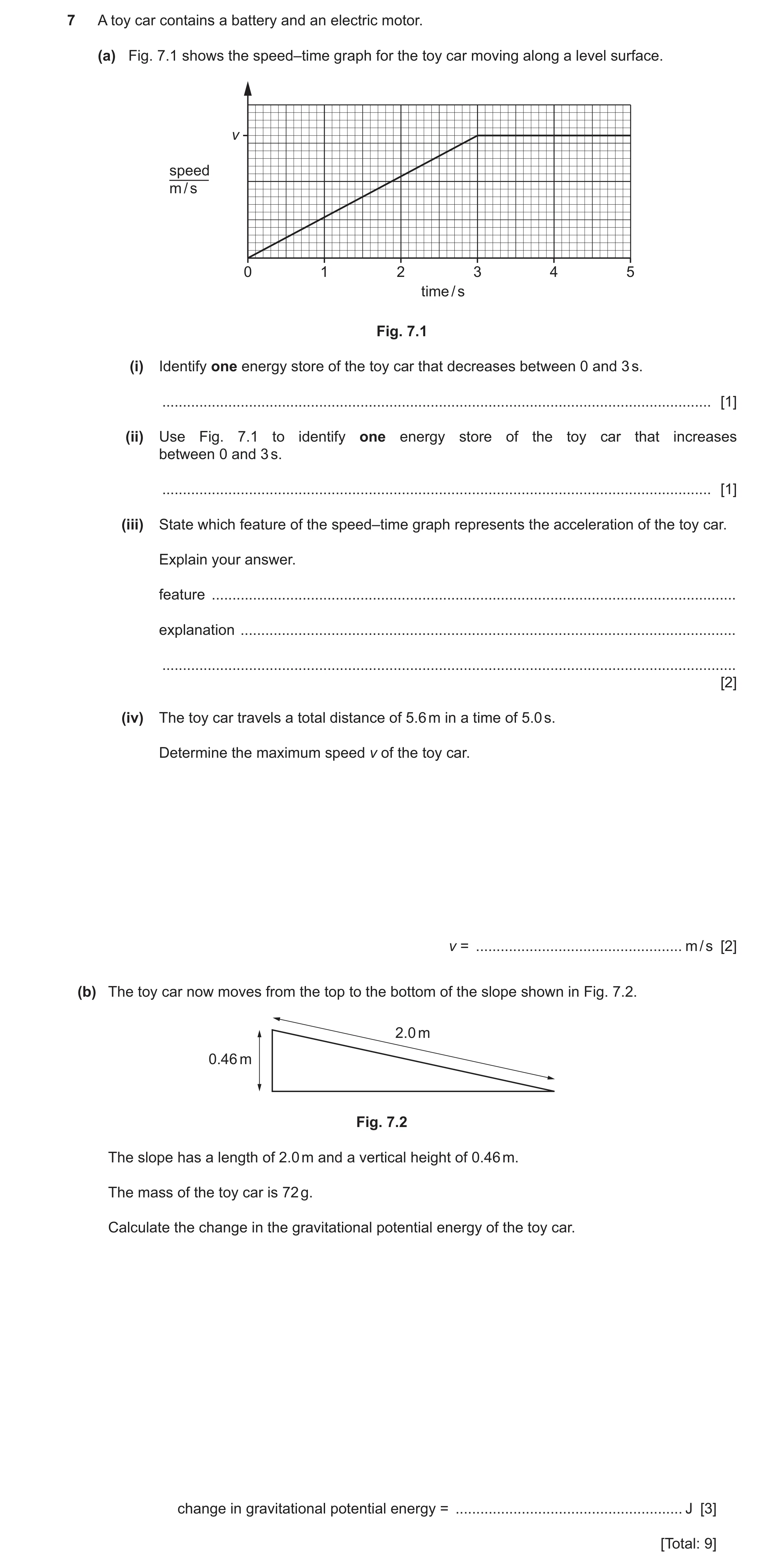 Question 44: A toy car contains a battery and an electric motor. (a) Fig. 7.1 shows the speed–time graph for the toy car moving along a level surface. v…
