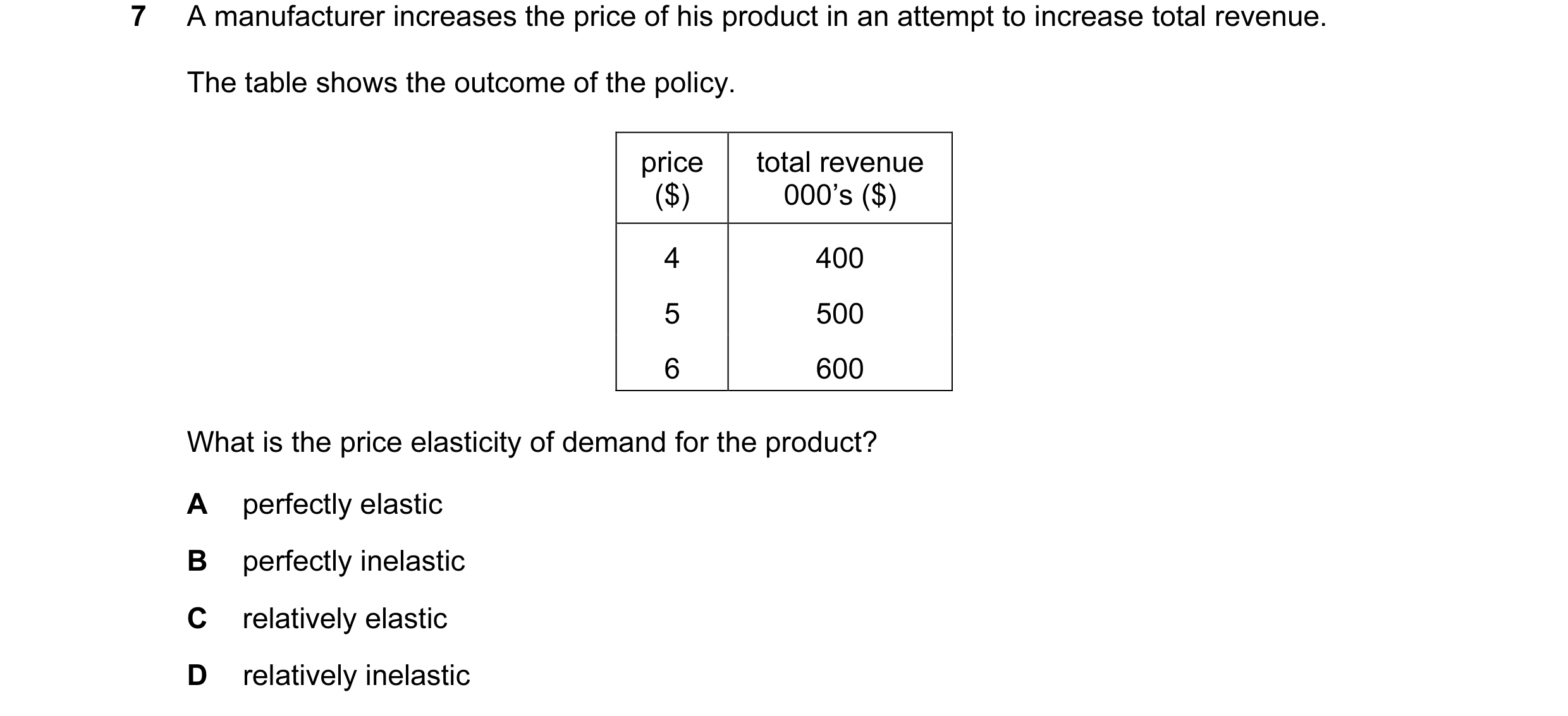 Question 77: A manufacturer increases the price of his product in an attempt to increase total revenue. The table shows the outcome of the policy. price…