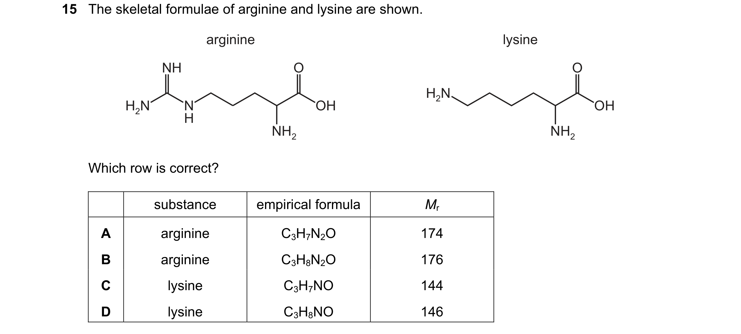 Question 73: The skeletal formulae of arginine and lysine are shown. arginine lysine NH O O H2N H2N N OH OH H NH2 NH2 Which row is correct? substance em…