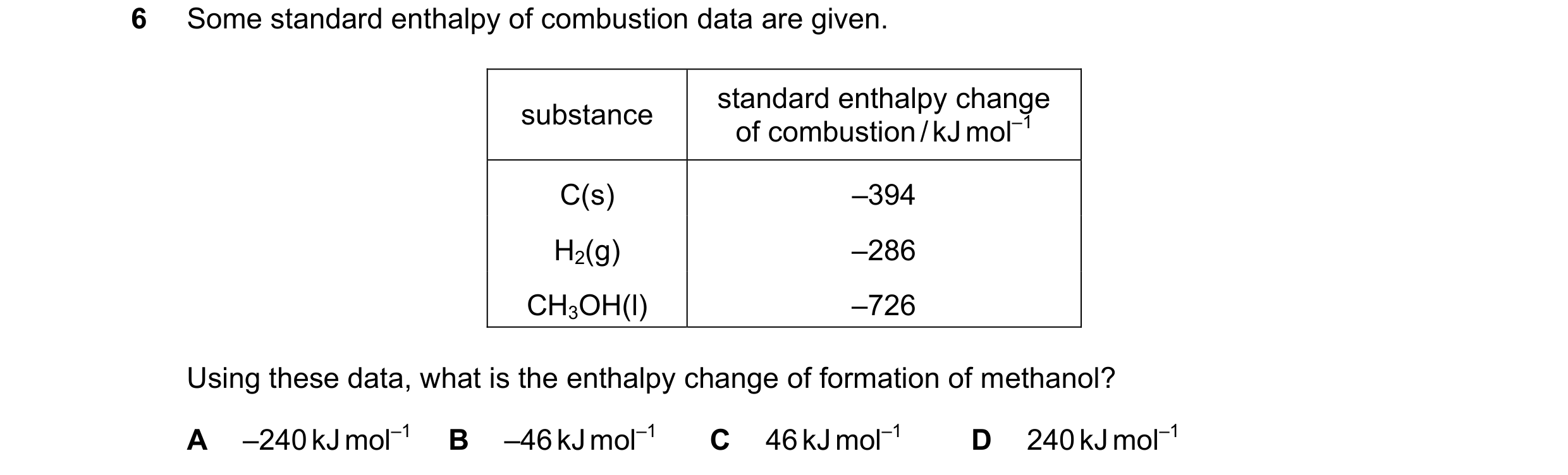 Question 60: Some standard enthalpy of combustion data are given. standard enthalpy change substance of combustion / kJ mol–1 C(s) –394 H2(g) –286 CH3OH…