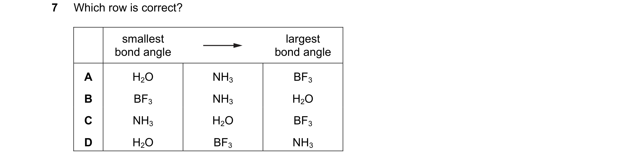 Question 106: Which row is correct? smallest largest bond angle bond angle A H2O NH3 BF3 B BF3 NH3 H2O C NH3 H2O BF3 D H2O BF3 NH3