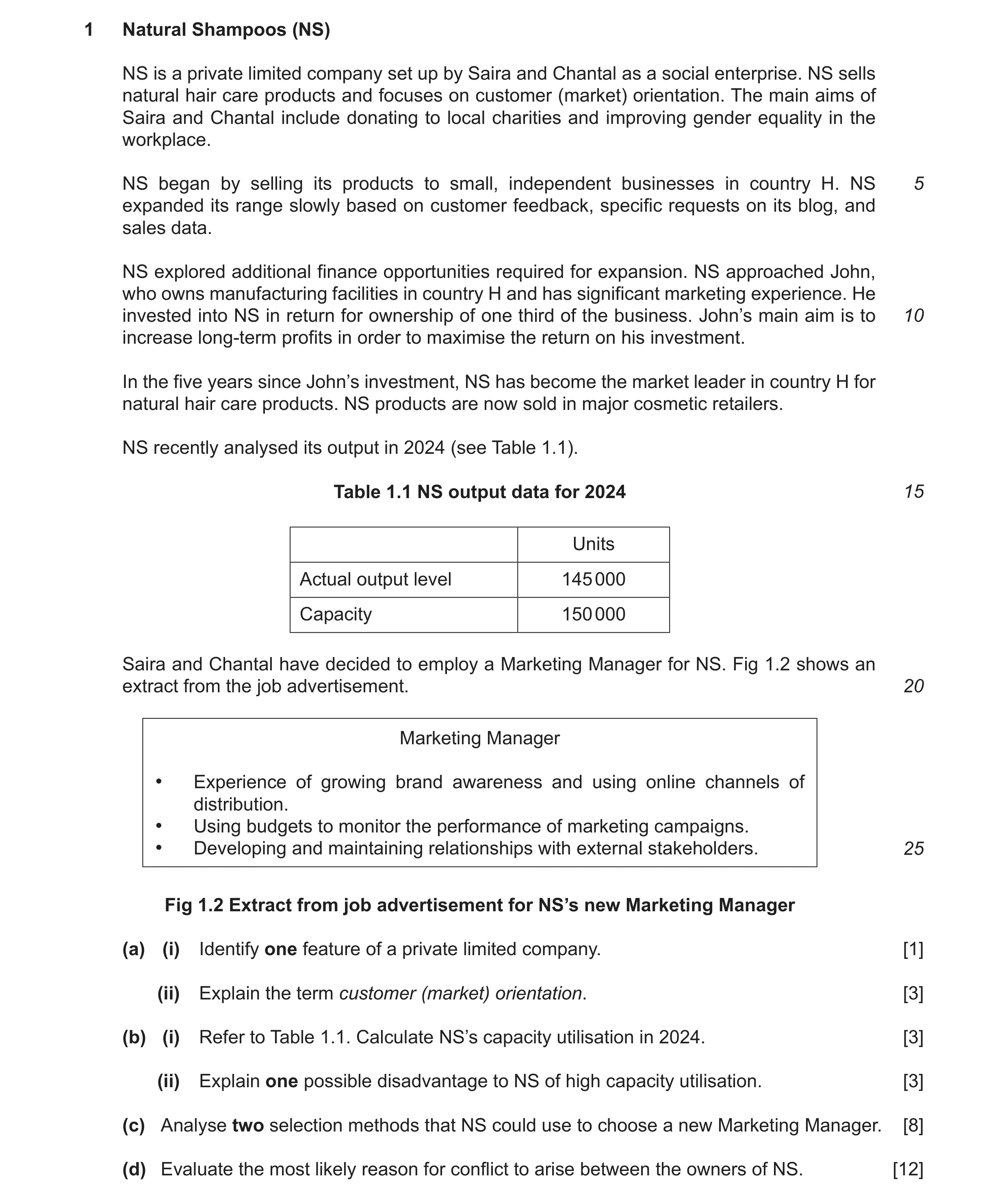 Question 34: Natural Shampoos (NS) NS is a private limited company set up by Saira and Chantal as a social enterprise. NS sells natural hair care produc…