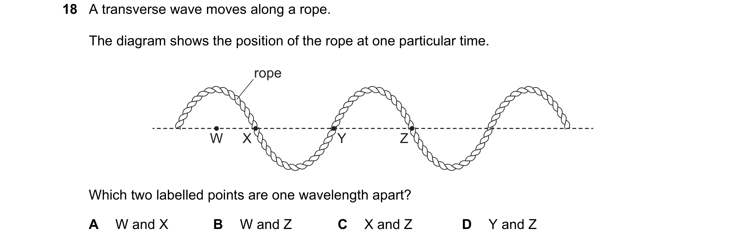 Question 221: A transverse wave moves along a rope. The diagram shows the position of the rope at one particular time. rope W X Y Z Which two labelled po…