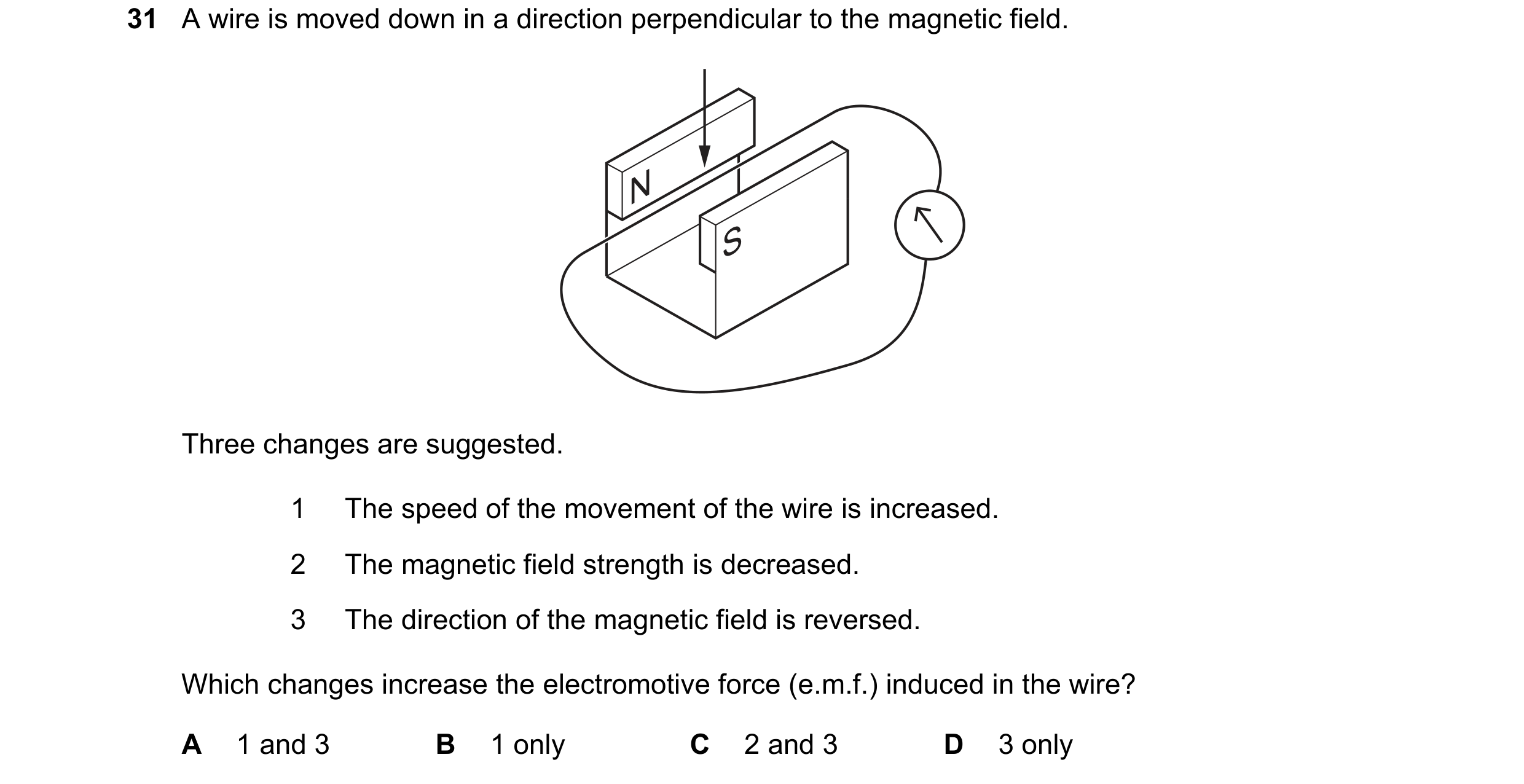 Question 247: A wire is moved down in a direction perpendicular to the magnetic field. N S Three changes are suggested. 1 The speed of the movement of th…
