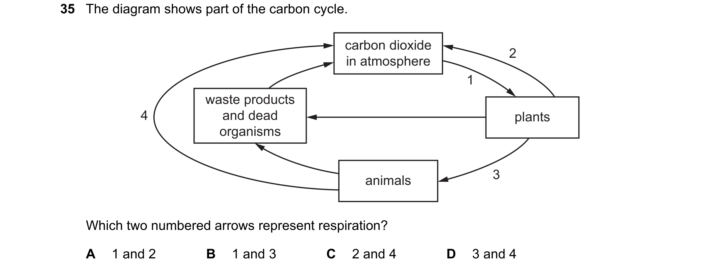 Question 26: The diagram shows part of the carbon cycle. carbon dioxide 2 in atmosphere 1 waste products 4 and dead plants organisms animals 3 Which two…