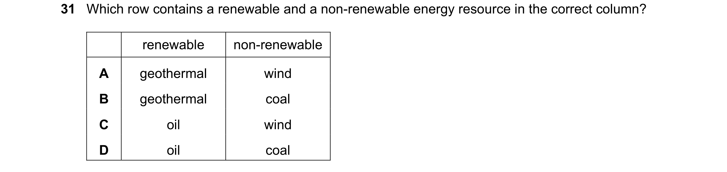 Question 99: Which row contains a renewable and a non-renewable energy resource in the correct column? renewable non-renewable A geothermal wind B geoth…