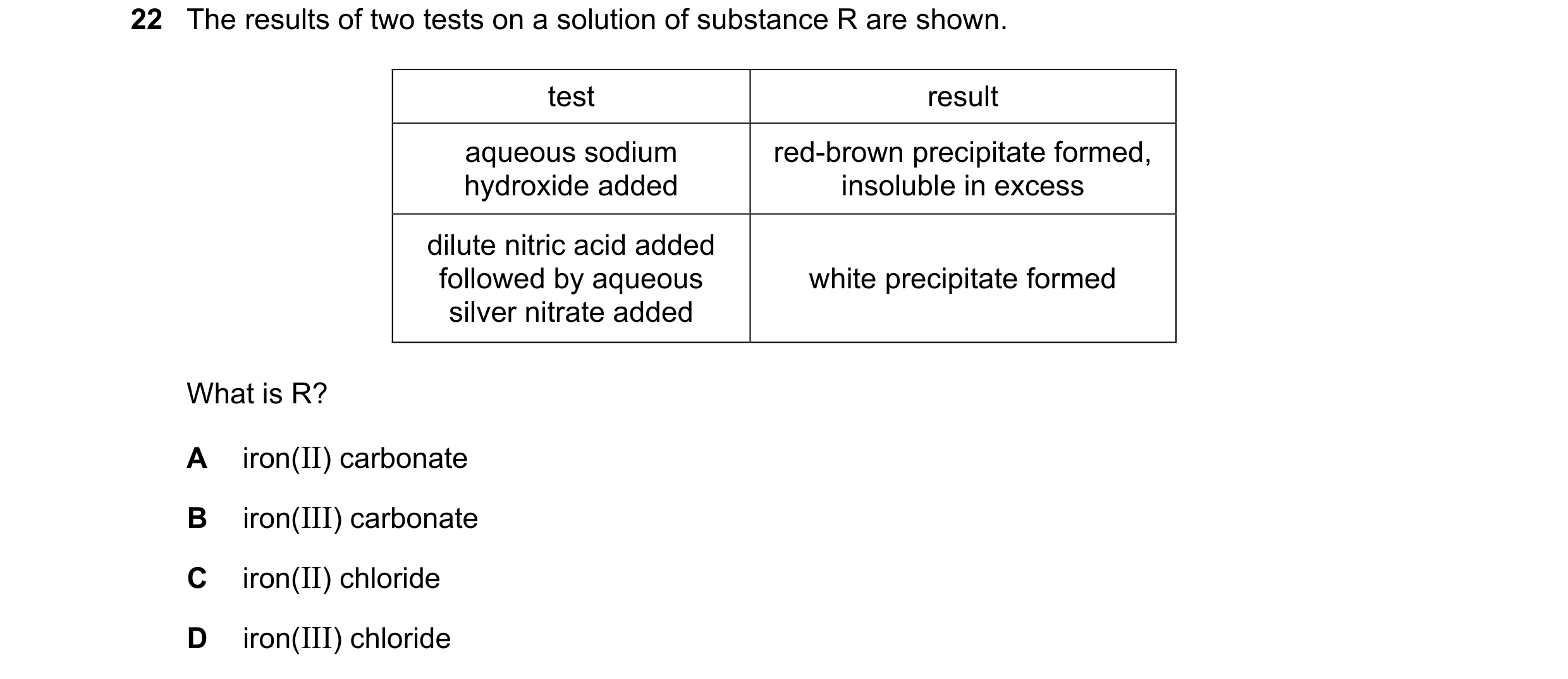 Question 84: The results of two tests on a solution of substance R are shown. test result aqueous sodium red-brown precipitate formed, hydroxide added i…