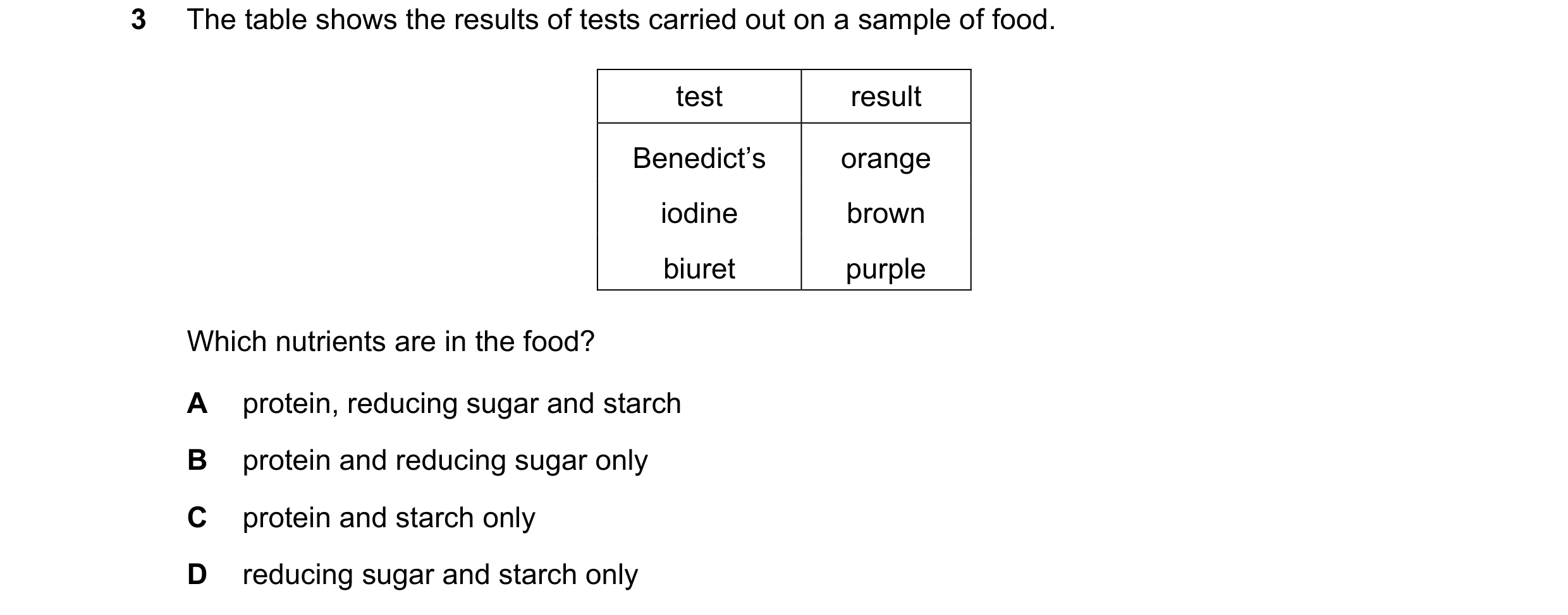 Question 67: The table shows the results of tests carried out on a sample of food. test result Benedict’s orange iodine brown biuret purple Which nutrie…