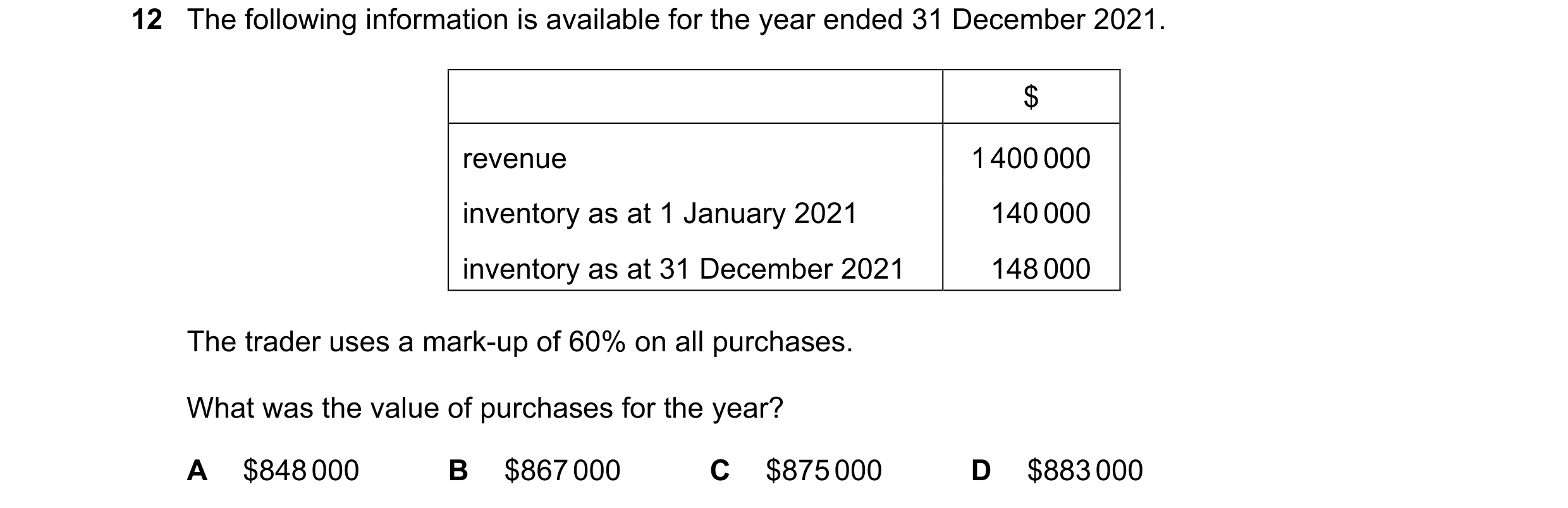 Question 733: The following information is available for the year ended 31 December 2021. $ revenue 1 400 000 inventory as at 1 January 2021 140 000 inve…