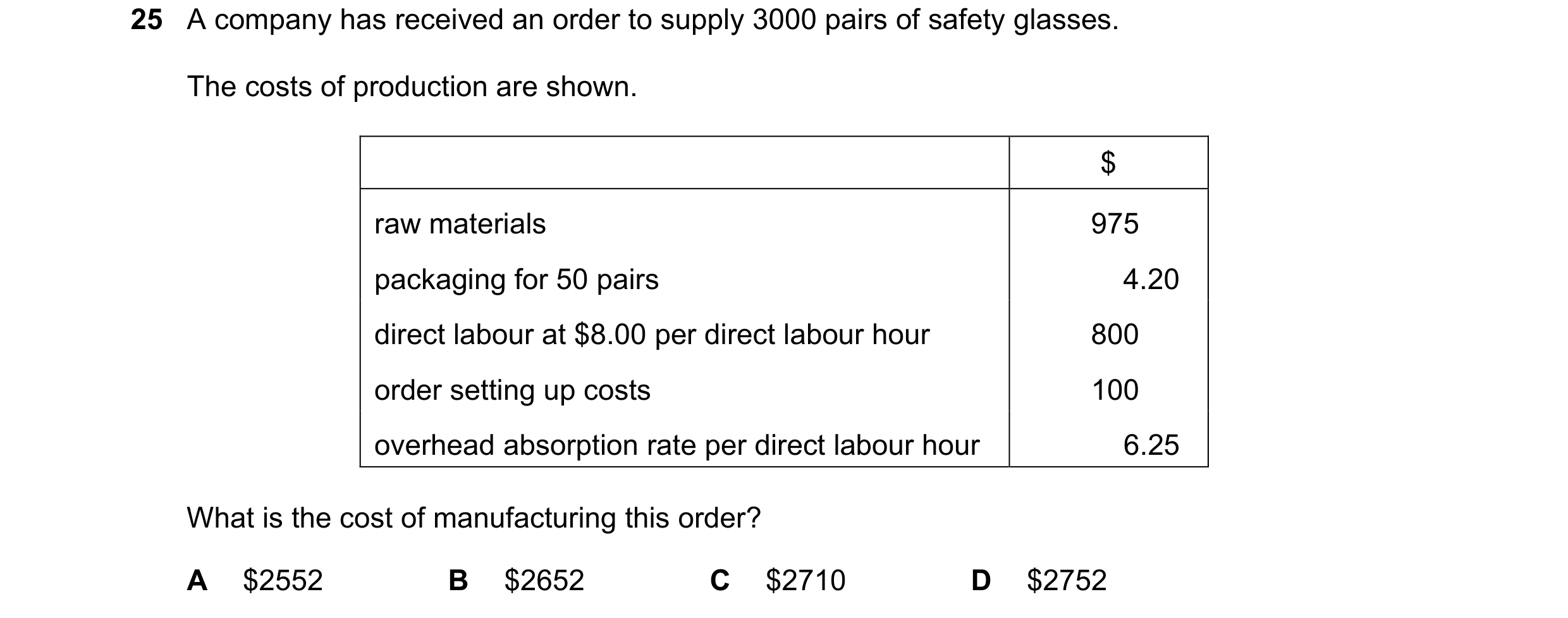 Question 465: A company has received an order to supply 3000 pairs of safety glasses. The costs of production are shown. $ raw materials 975 packaging fo…