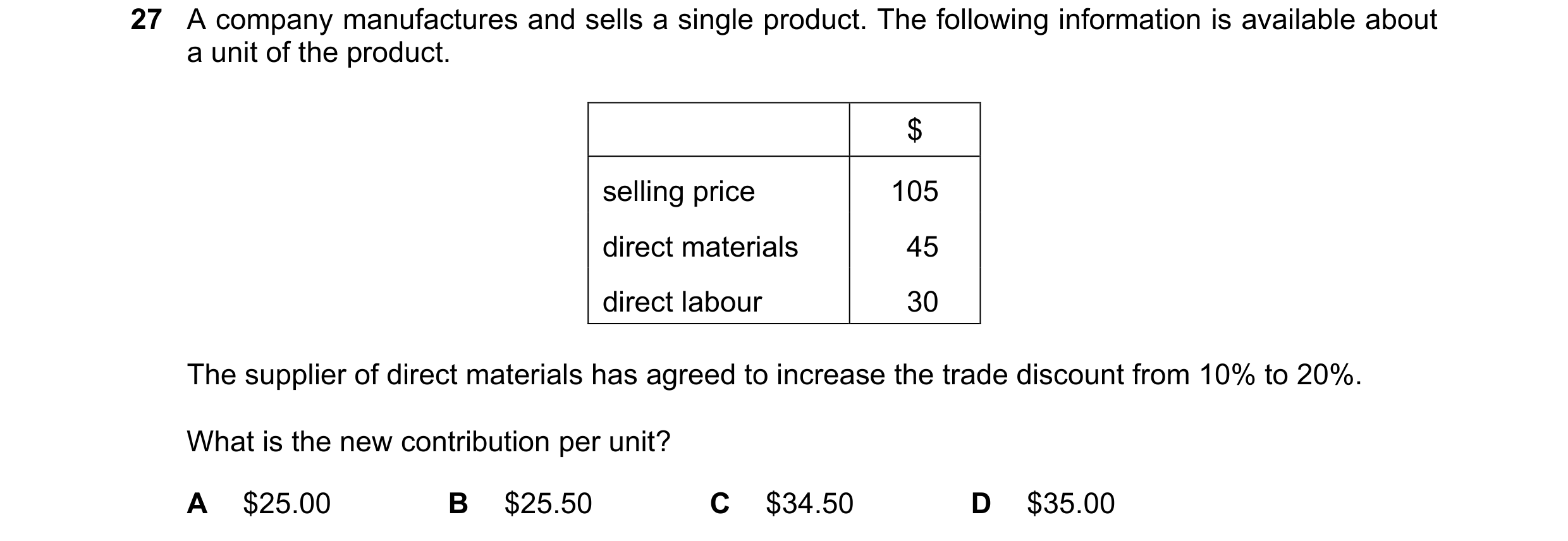 Question 351: A company manufactures and sells a single product. The following information is available about a unit of the product. $ selling price 105 …