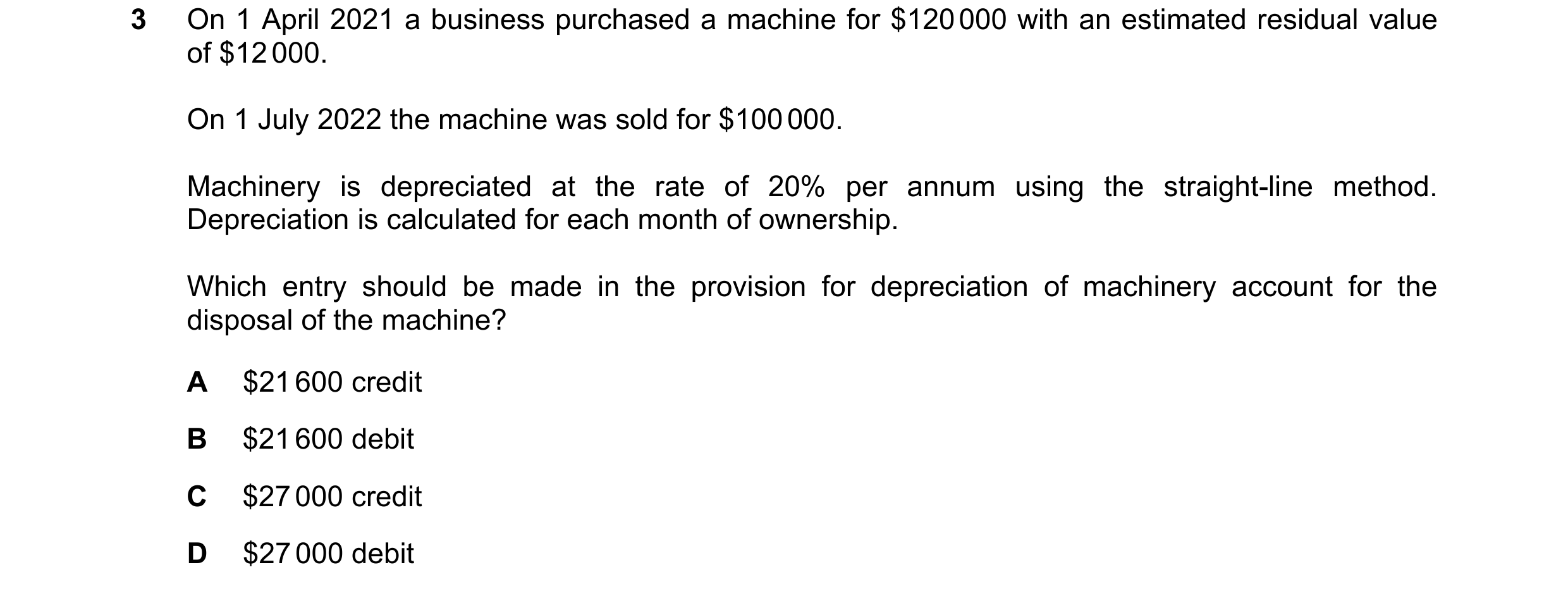 Question 233: On 1 April 2021 a business purchased a machine for $120 000 with an estimated residual value of $12 000. On 1 July 2022 the machine was sol…